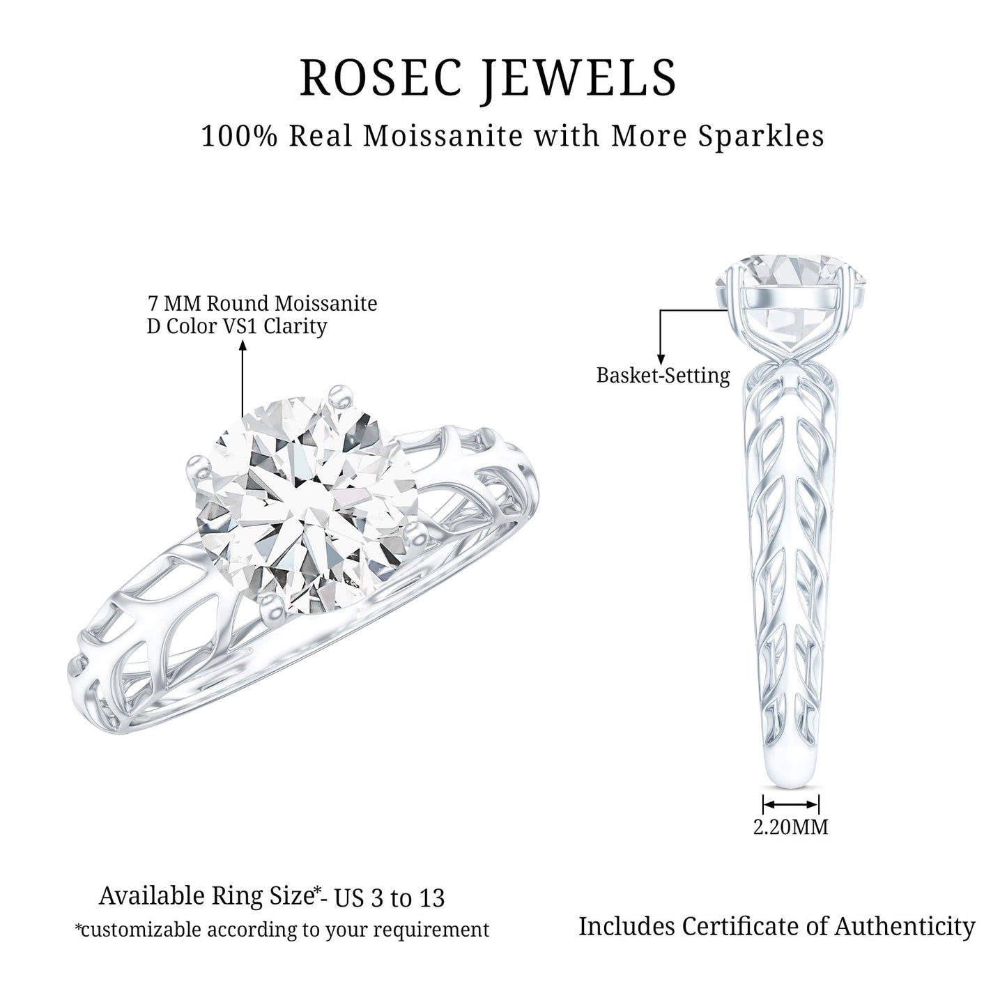 1 Carat Solitaire Moissanite Engagement Ring with Filigree Band
