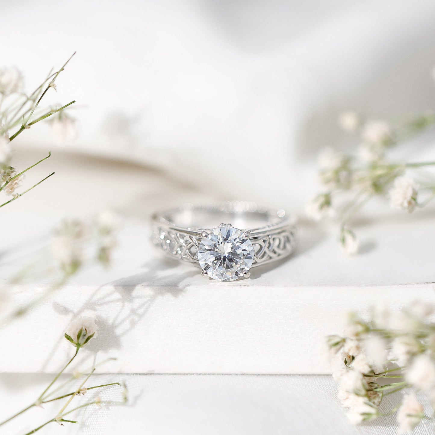 Moissanite Vintage Style Engagement Ring with Celtic Details