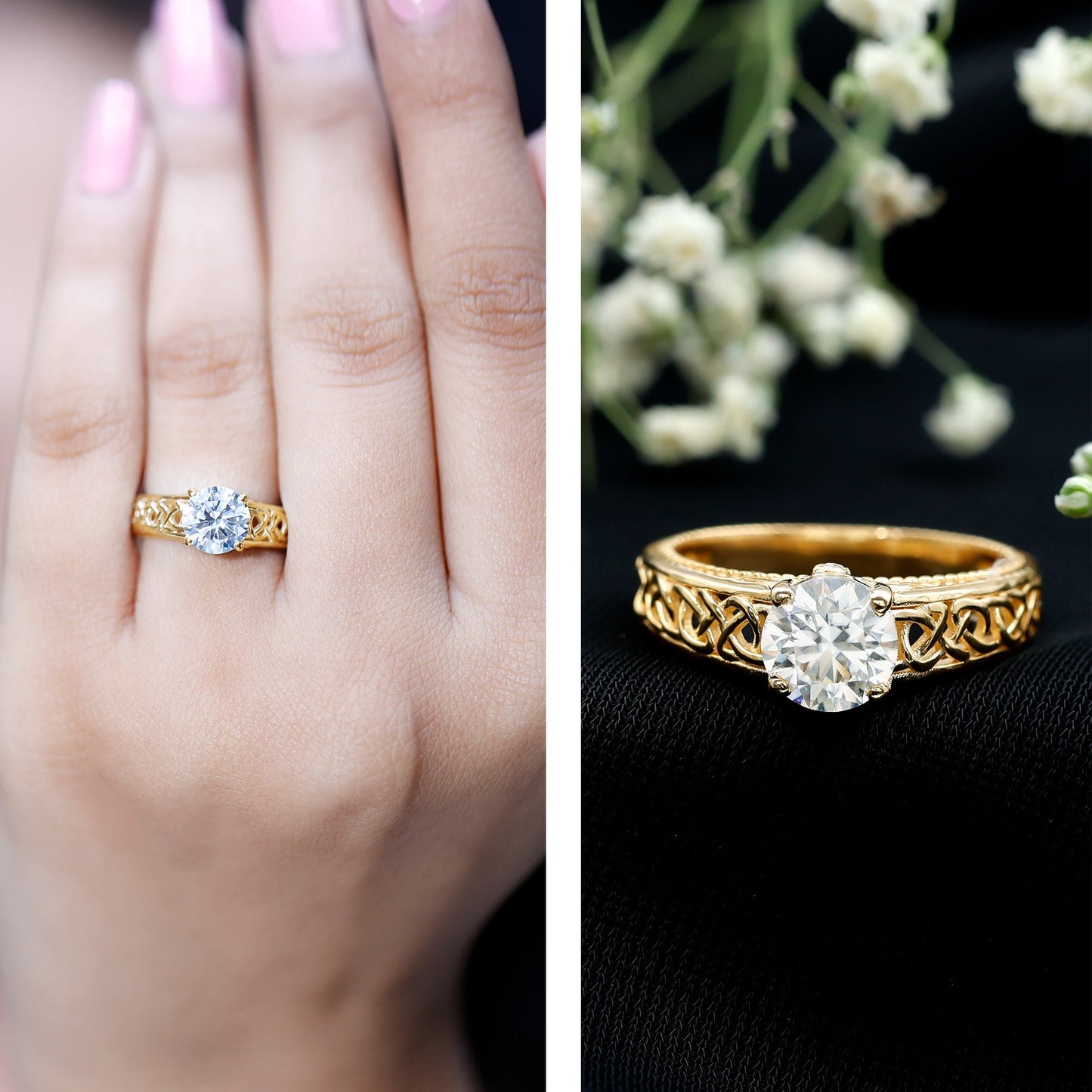 Moissanite Vintage Style Engagement Ring with Celtic Details