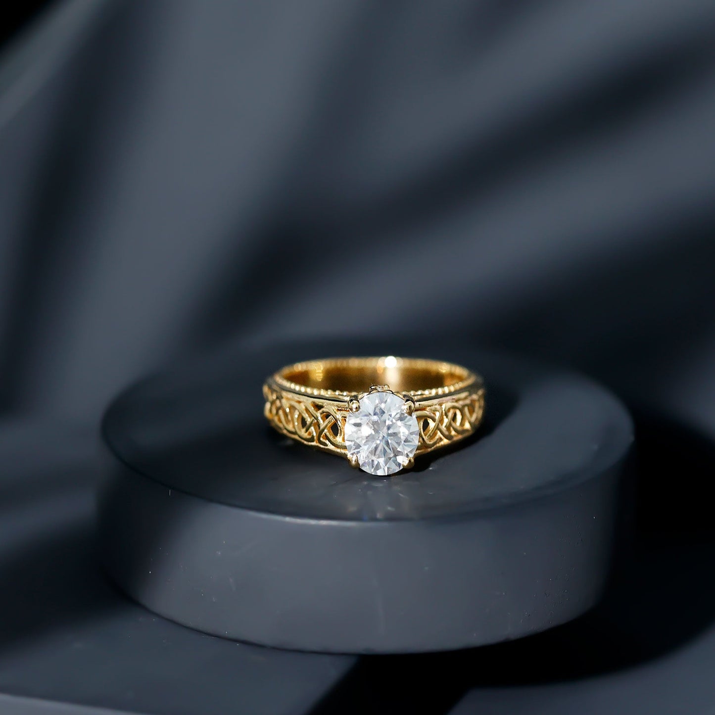 Moissanite Vintage Style Engagement Ring with Celtic Details