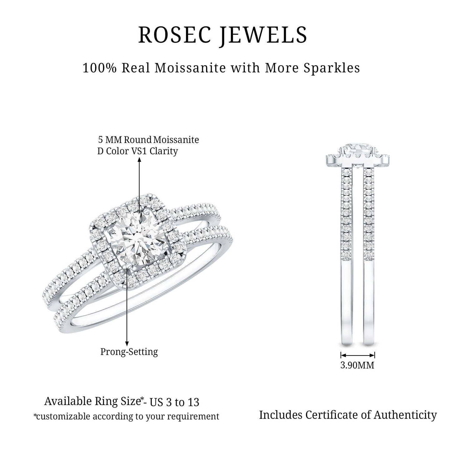 Classic Moissanite Double Band Engagement Ring with Halo