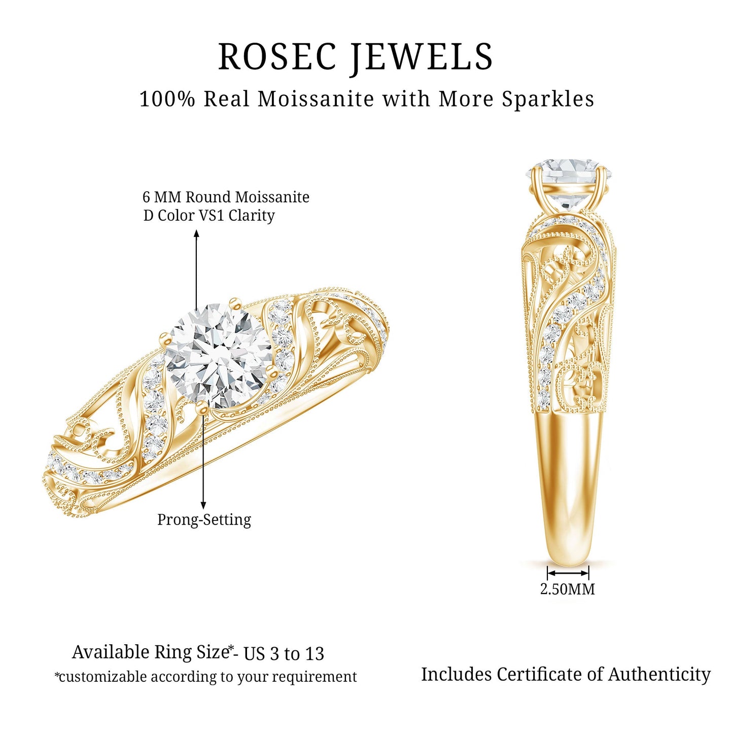 Vintage Inspired 0.98 Carat Moissanite Engagement Ring for Women