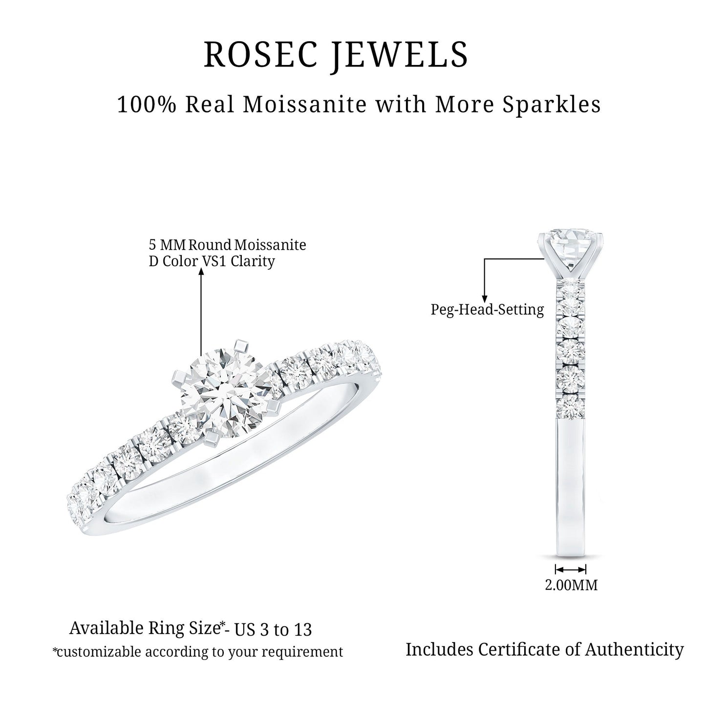 Certified 5 MM Moissanite Traditional Engagement Ring with Side Stones