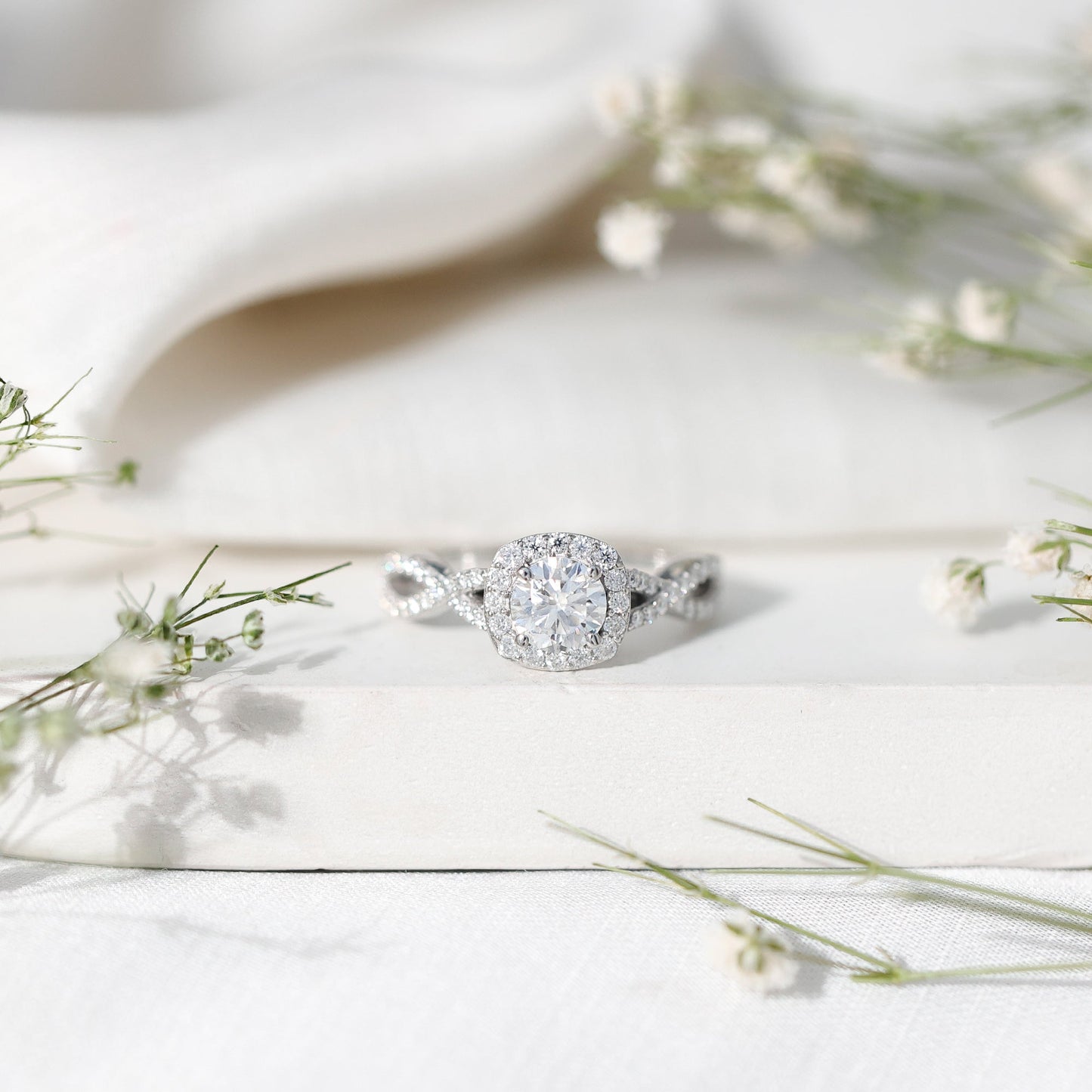 Certified Moissanite Halo Engagement Ring with Criss Cross Shank