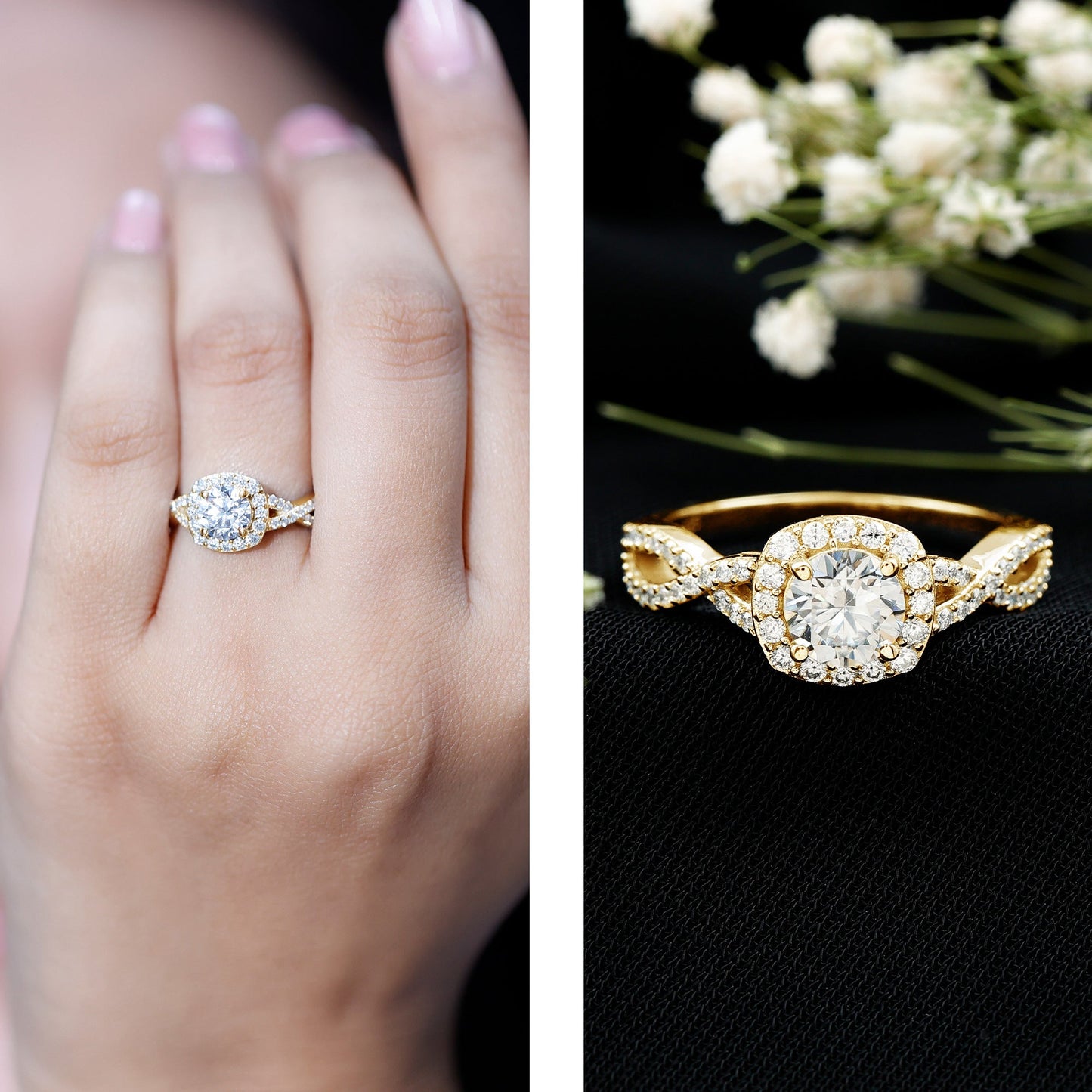Certified Moissanite Halo Engagement Ring with Criss Cross Shank