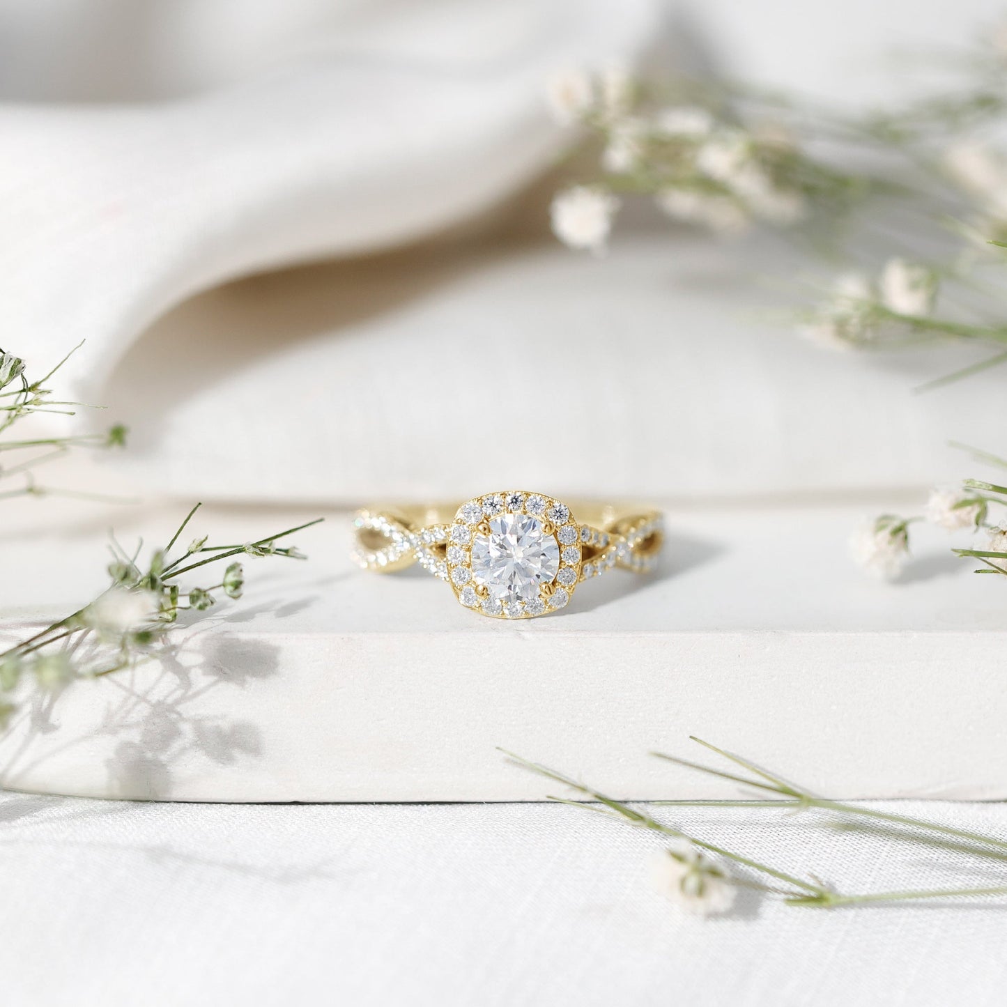 Certified Moissanite Halo Engagement Ring with Criss Cross Shank
