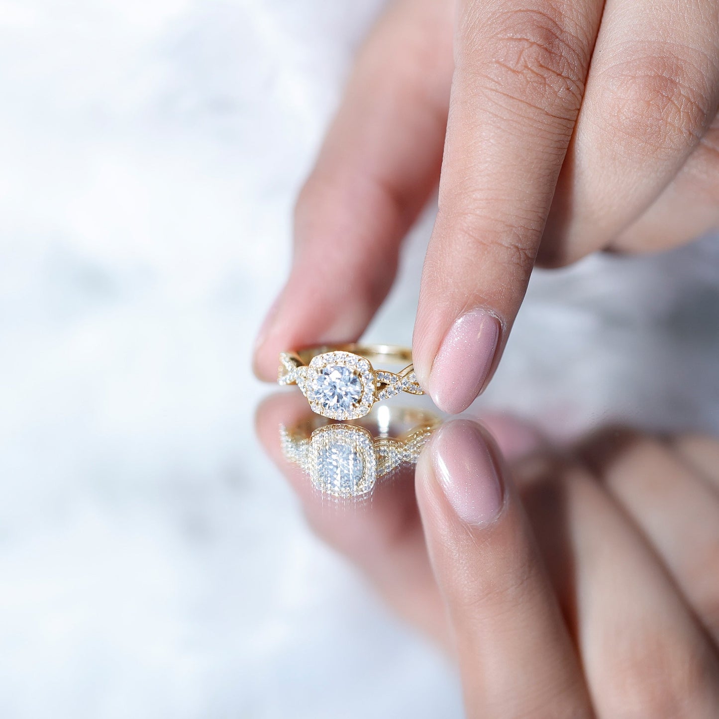 Certified Moissanite Halo Engagement Ring with Criss Cross Shank