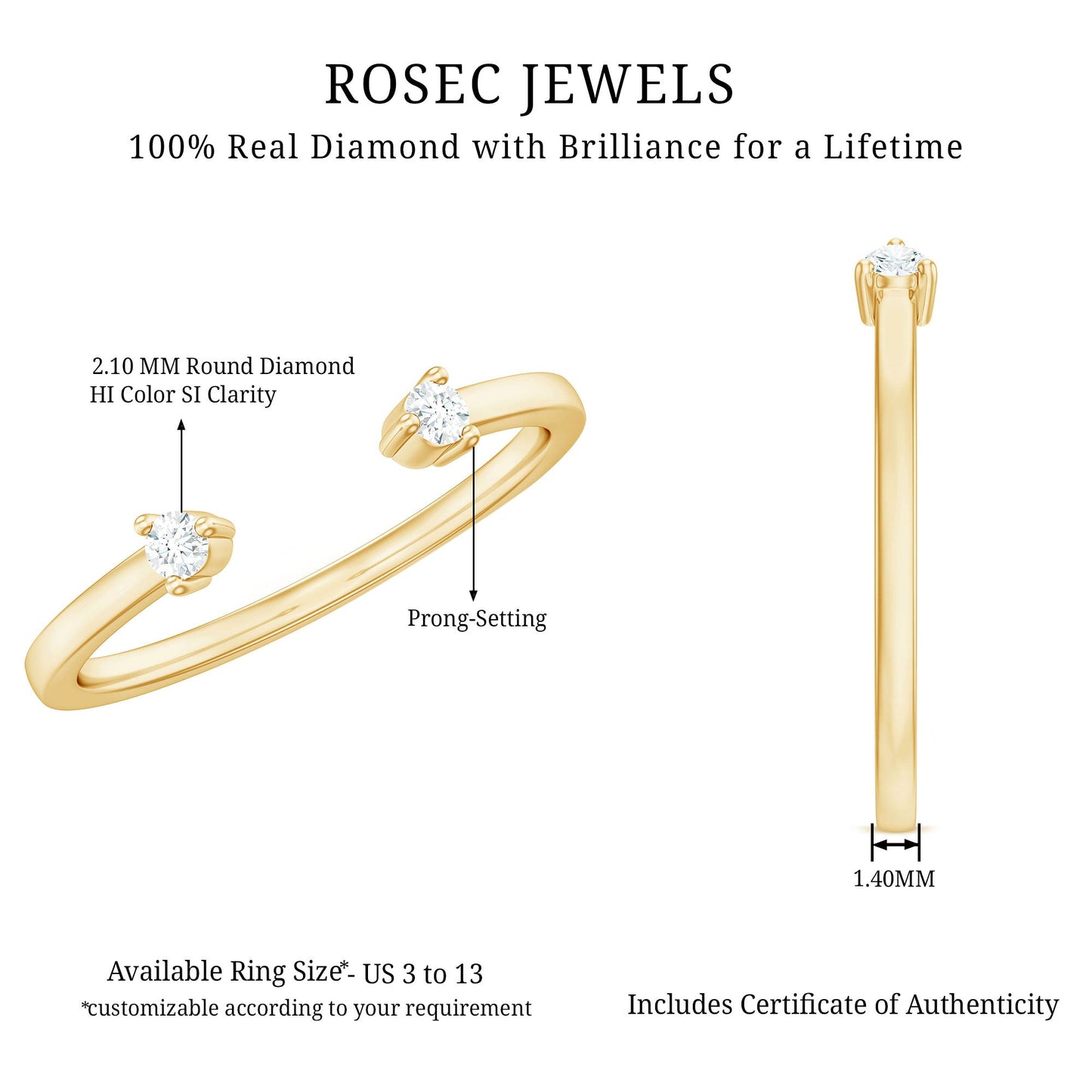 Dainty Diamond Two Stone Open Cuff Ring for Women