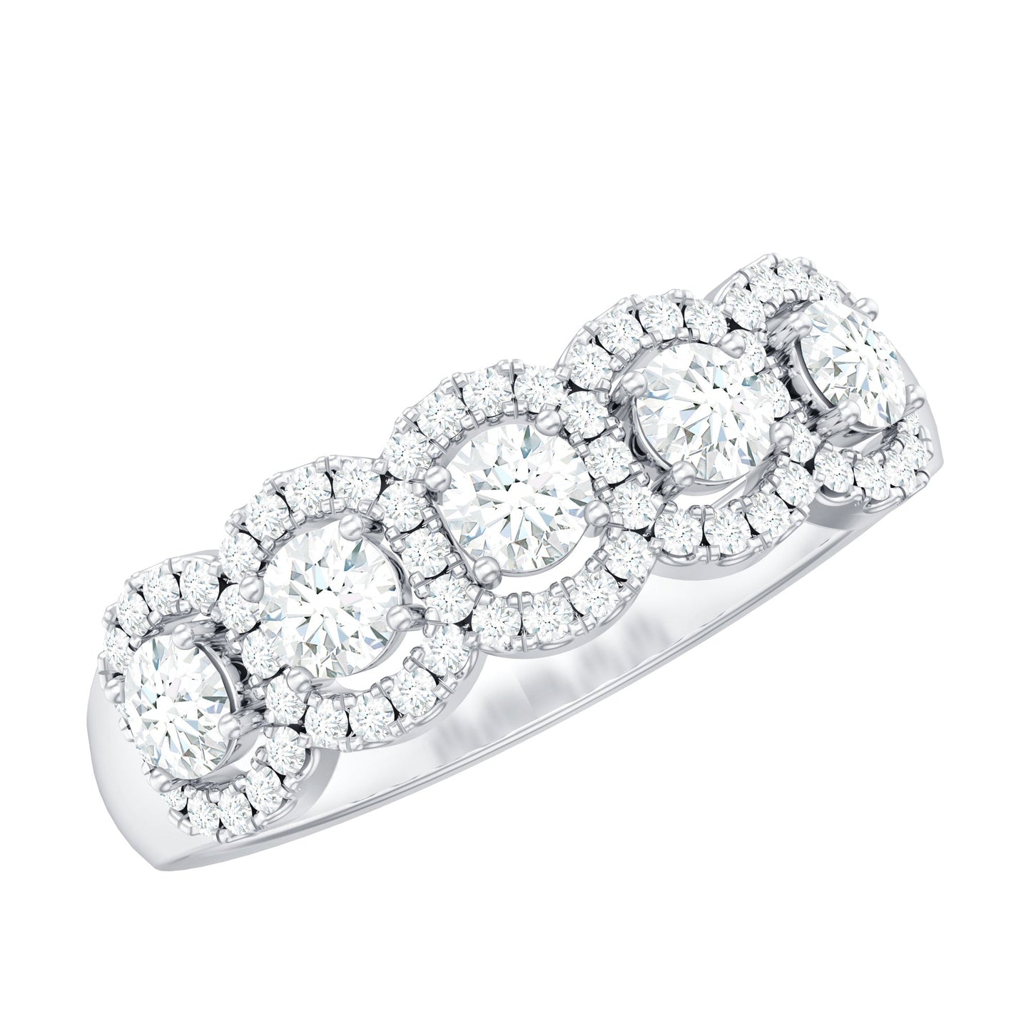 Round Cut Moissanite 5 Stone Anniversary Ring with Halo