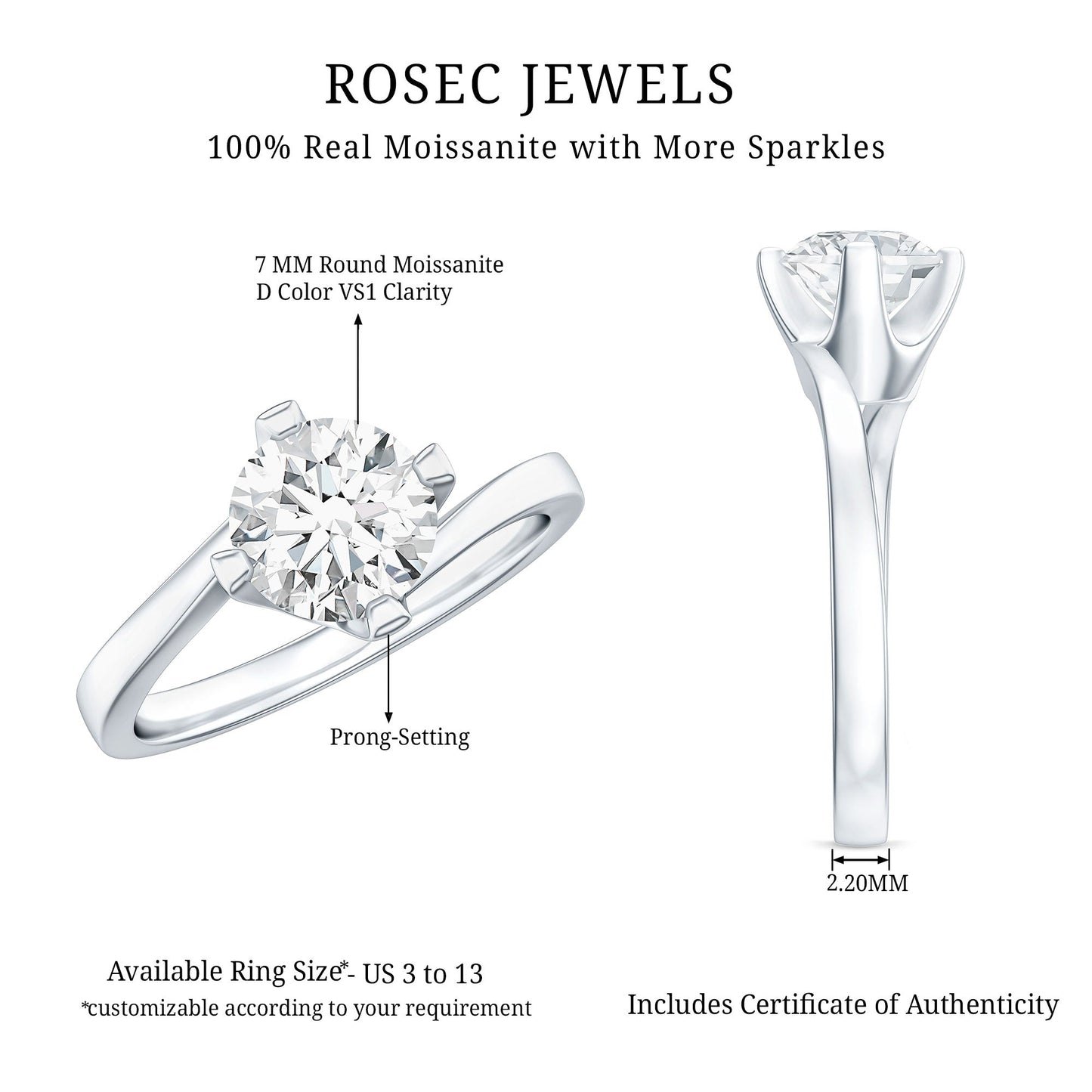 Certified Moissanite Solitaire Engagement Ring in Bypass Shank