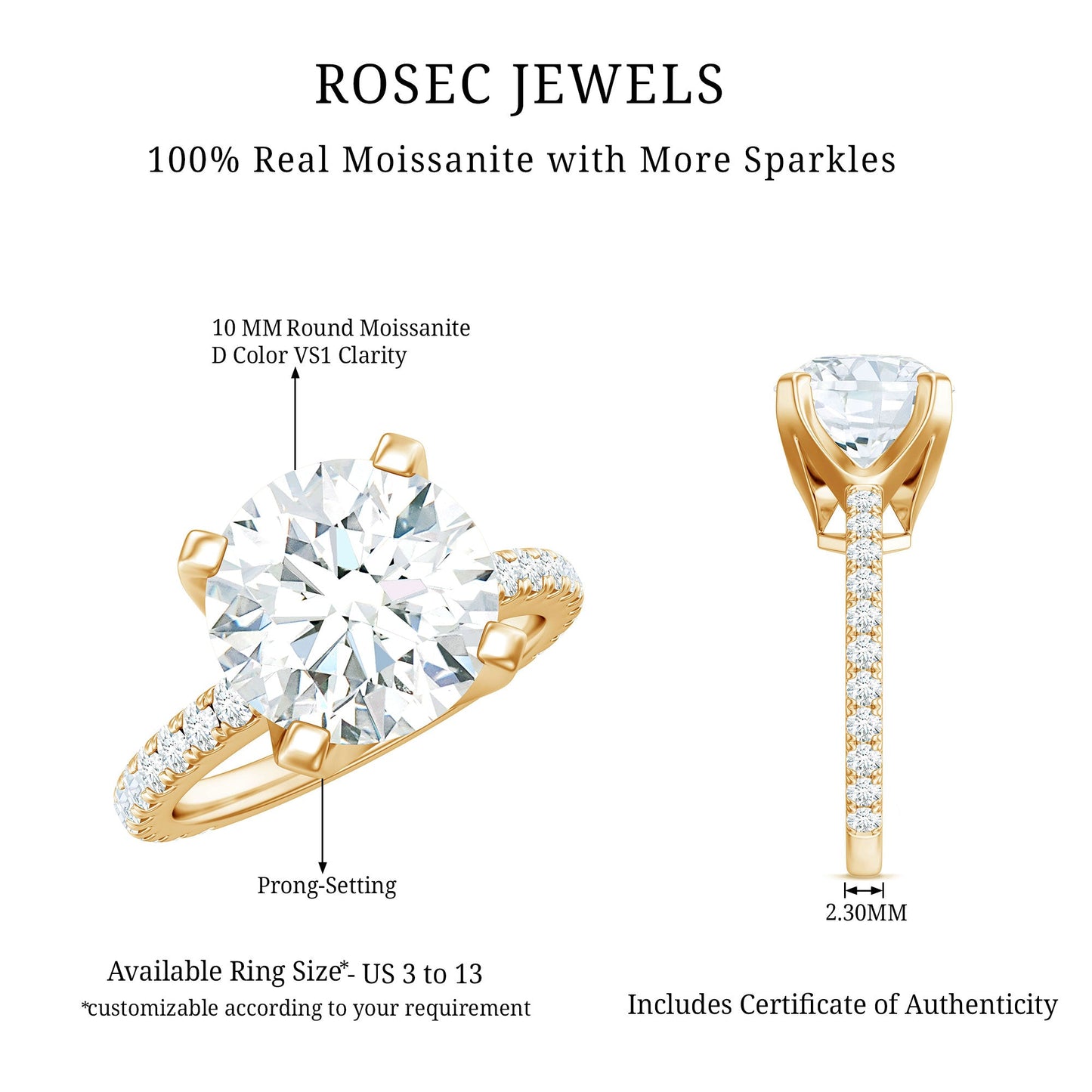 Round 4.4 Carat Moissanite Solitaire Engagement Ring with Side Stones