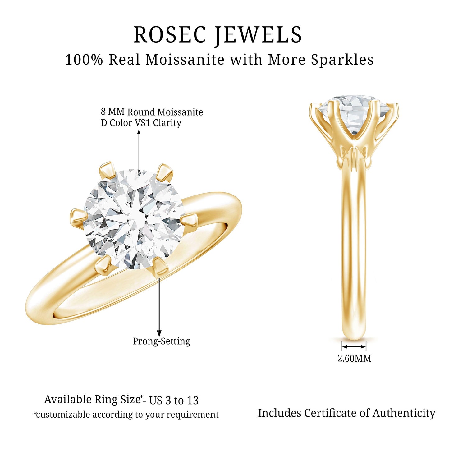 2 CT Moissanite Solitaire Engagement Ring in 6 Prongs