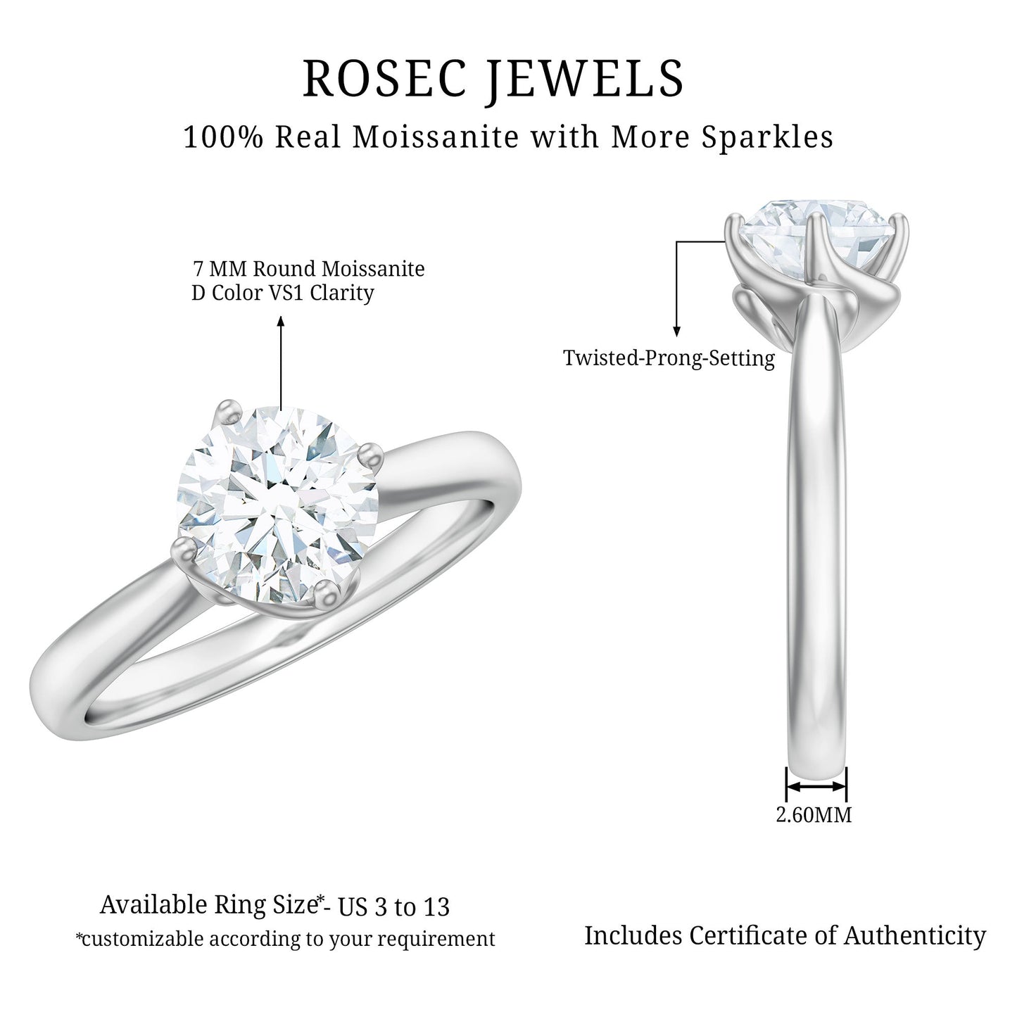 Twisted Prong Set Solitaire Moissanite Engagement Ring with Certificate