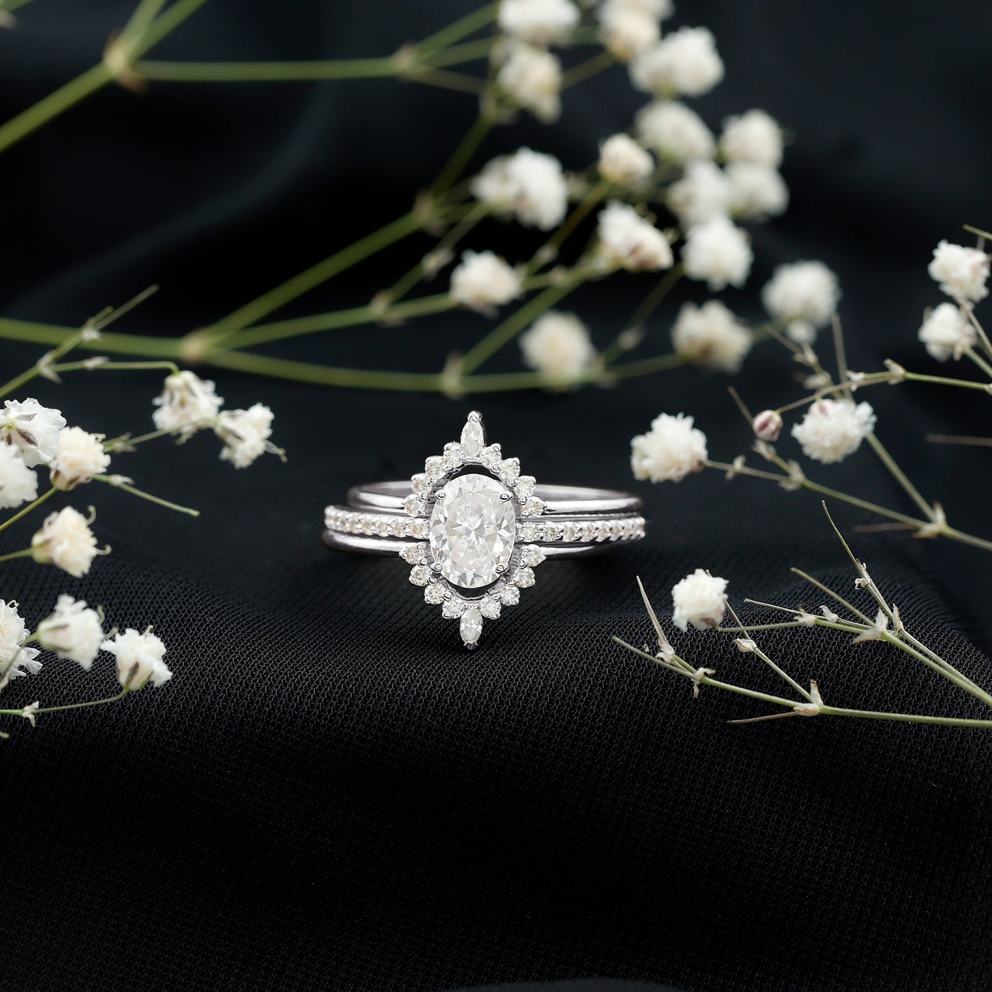 Certified Moissanite Oval Engagement Ring Set With Wedding Bands