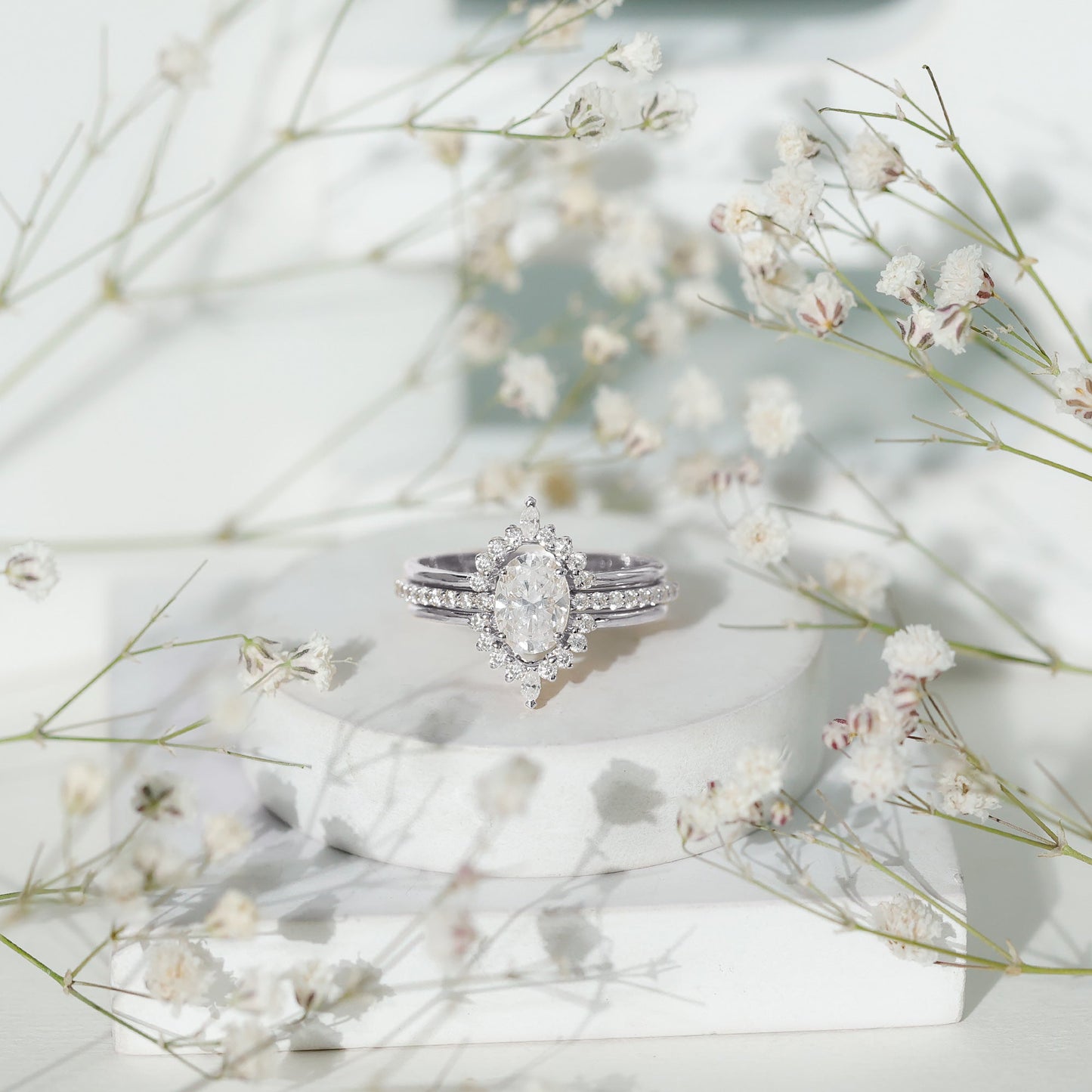 Certified Moissanite Oval Engagement Ring Set With Wedding Bands