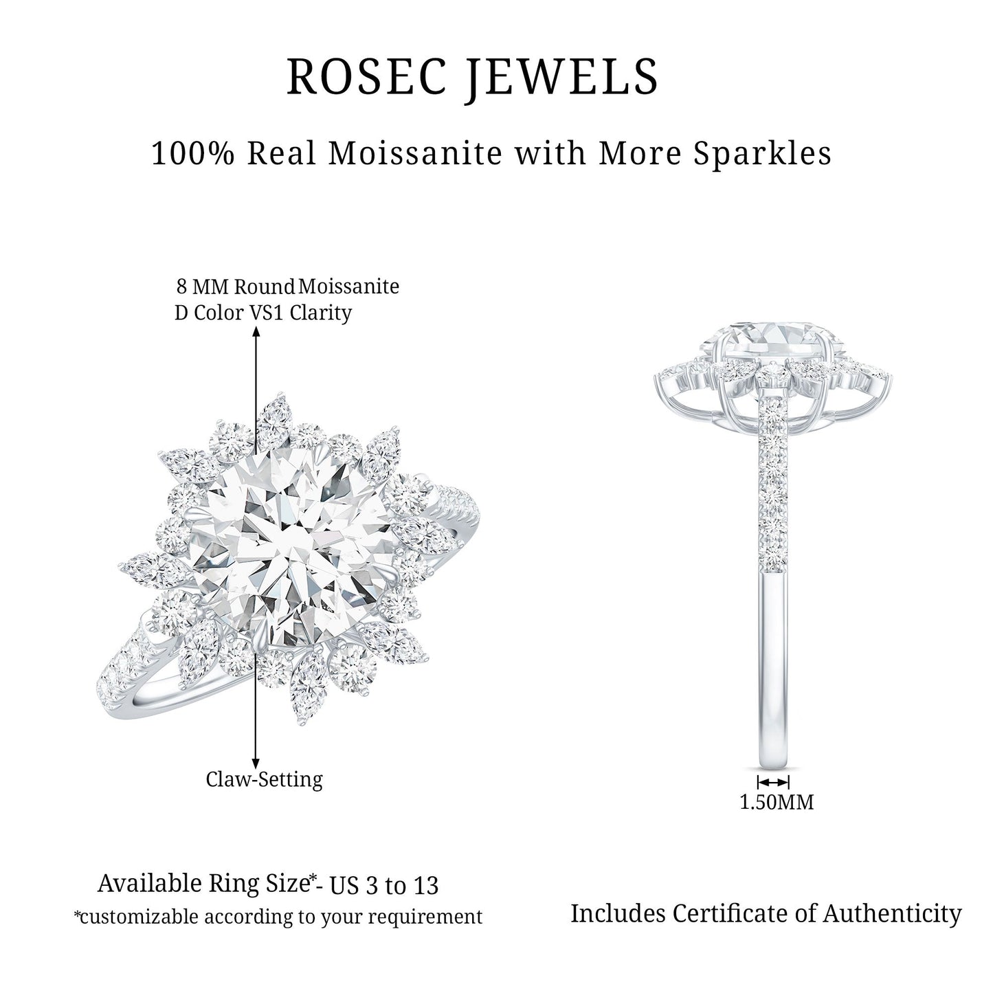 Certified Round Moissanite Halo Engagement Ring for Her