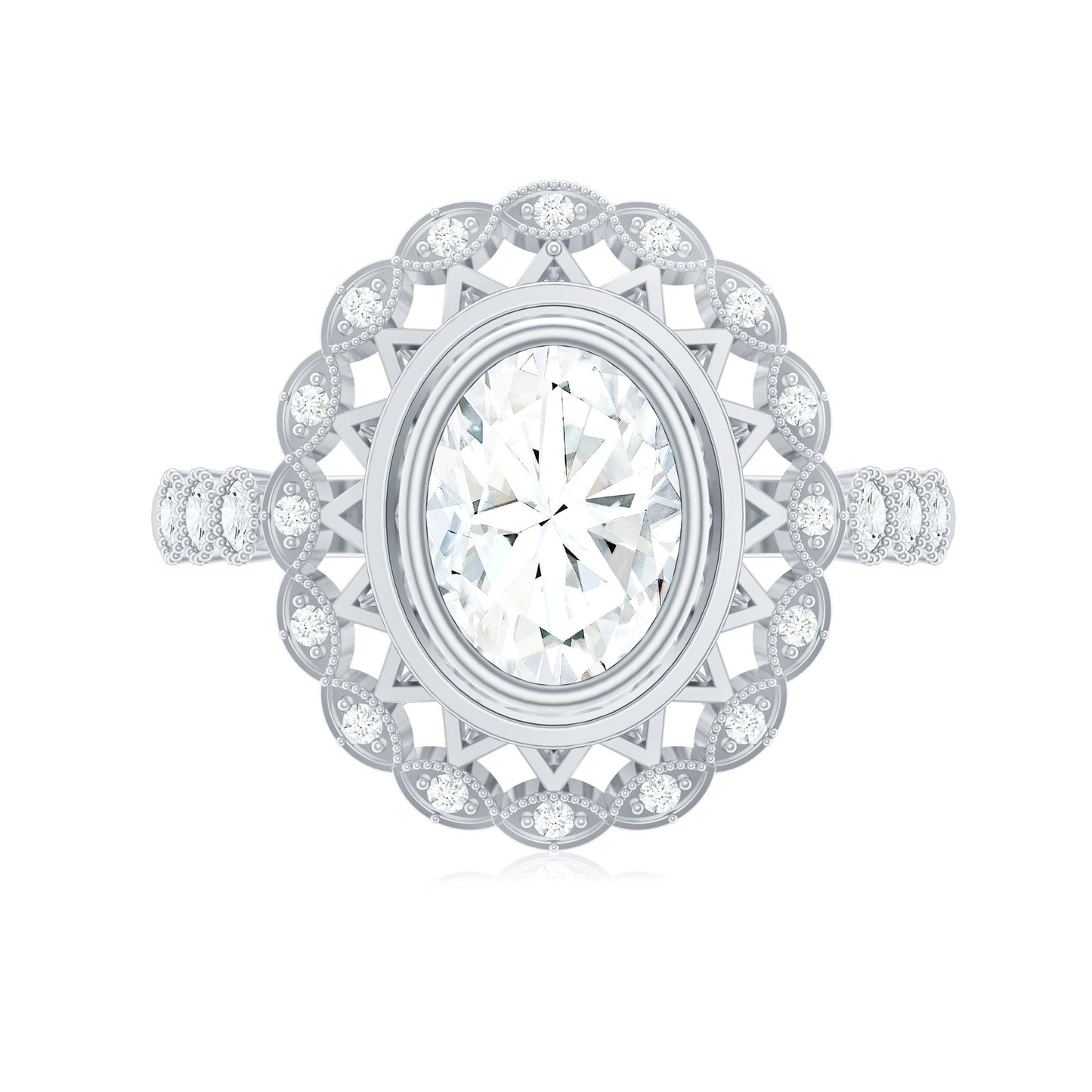 Oval Moissanite Retro Engagement Ring in Beaded Bezel Setting