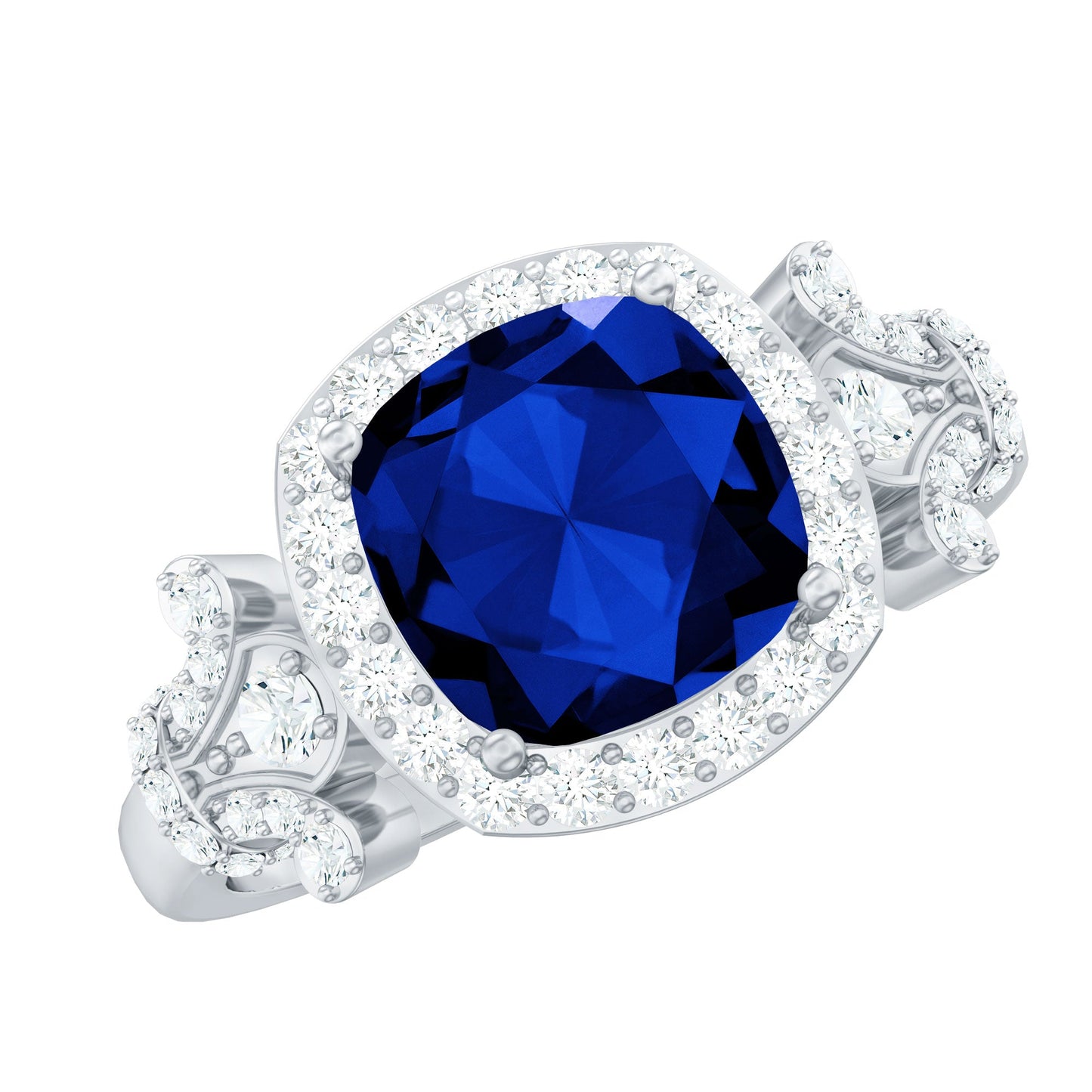 2.7 Carat Cushion Cut Created Blue Sapphire Engagement Ring with Diamond Accent