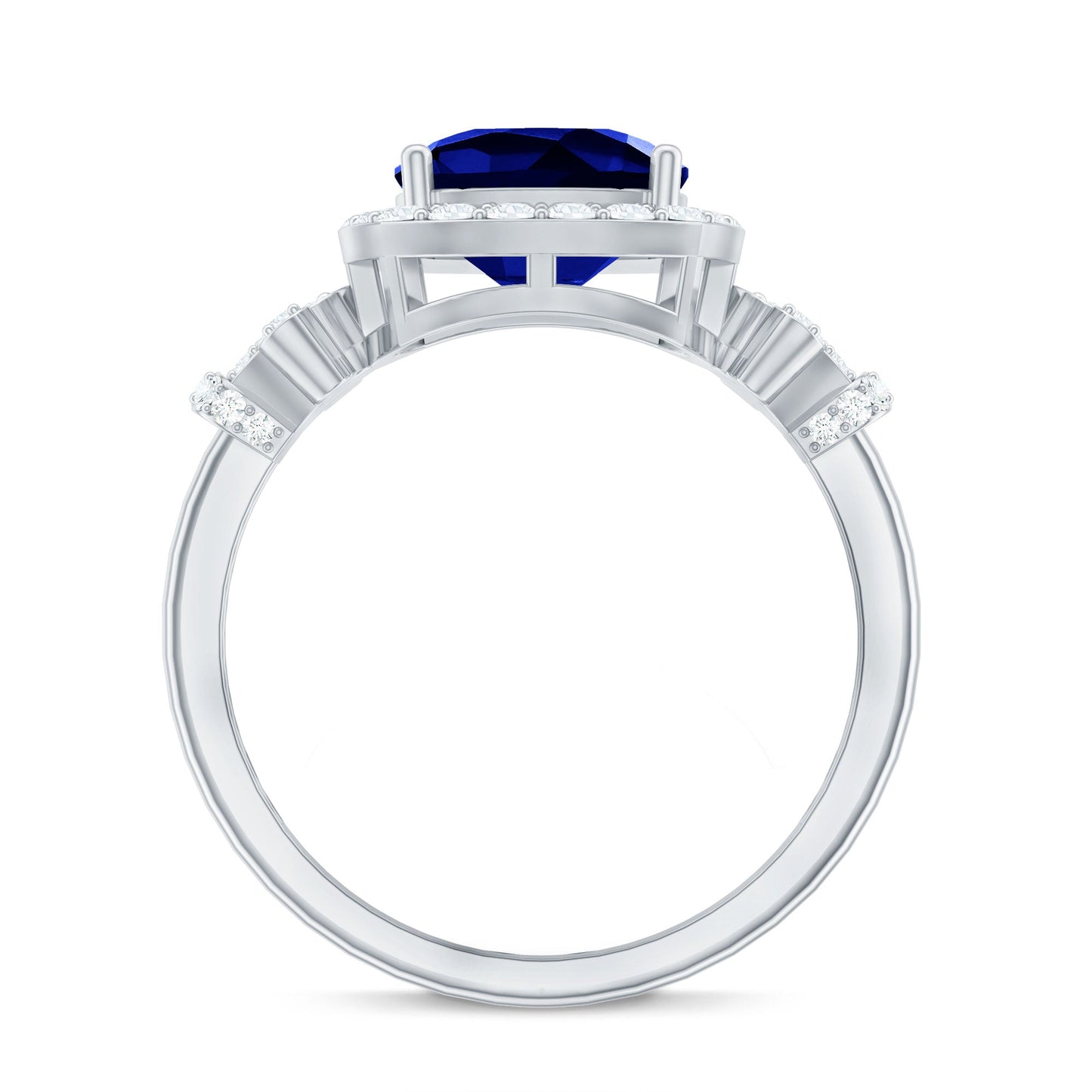 2.7 Carat Cushion Cut Created Blue Sapphire Engagement Ring with Diamond Accent