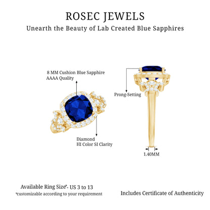 2.7 Carat Cushion Cut Created Blue Sapphire Engagement Ring with Diamond Accent