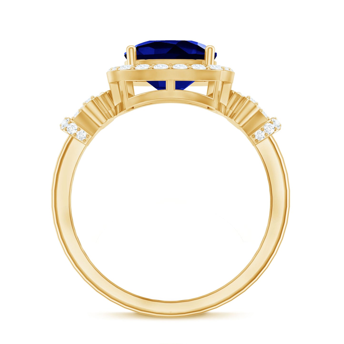 2.7 Carat Cushion Cut Created Blue Sapphire Engagement Ring with Diamond Accent