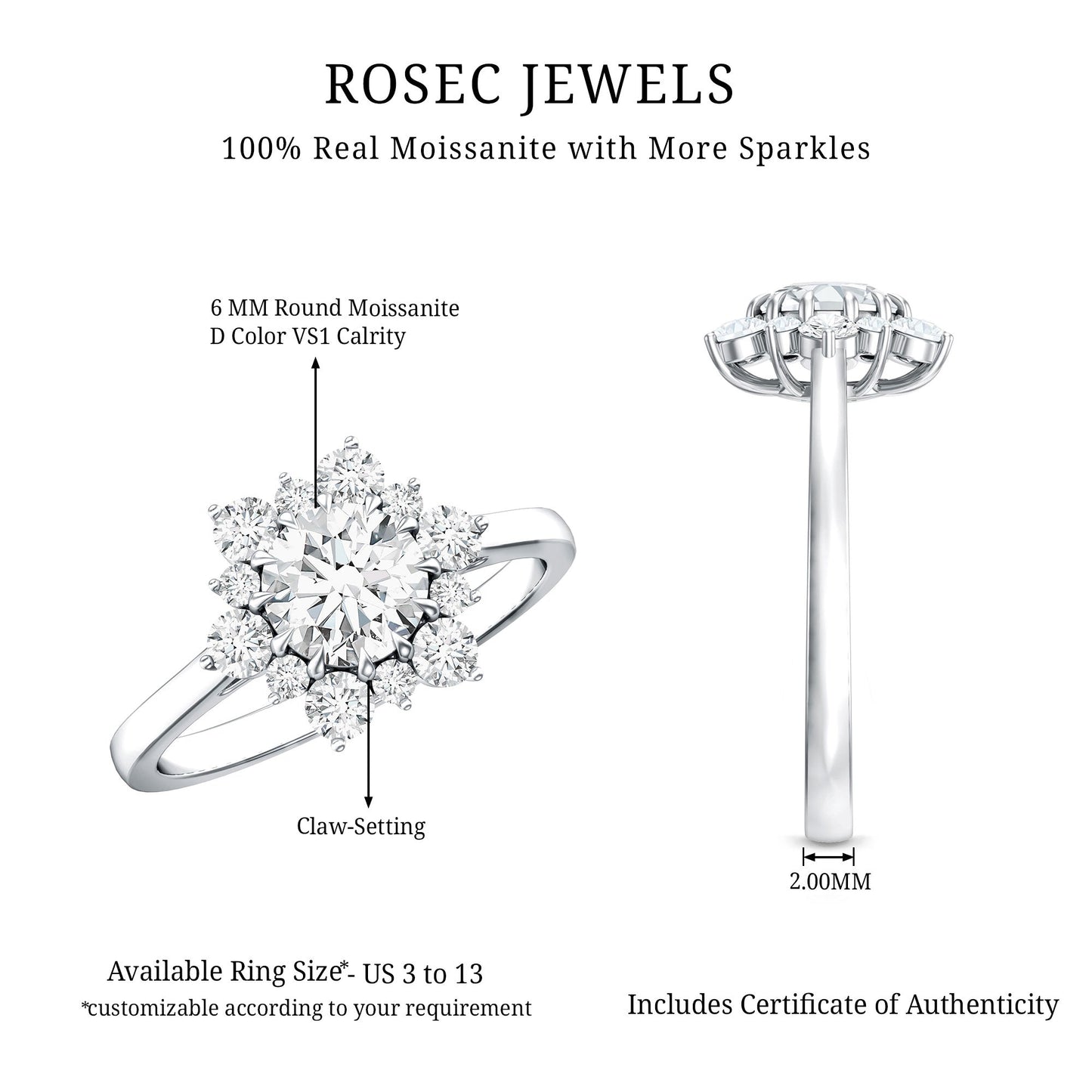 Claw Set Moissanite Halo Engagement Ring with Certificate