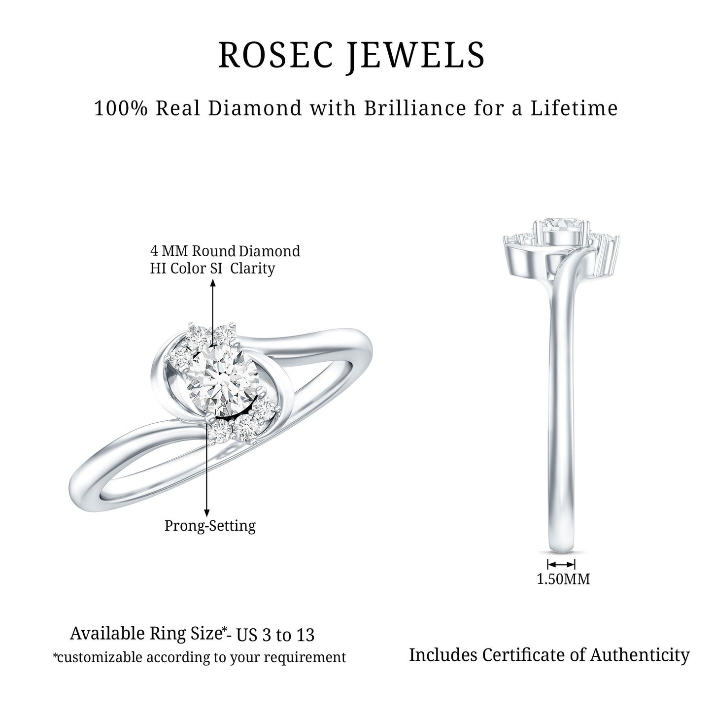 Certified Real Diamond Promise Ring with Bypass Shank