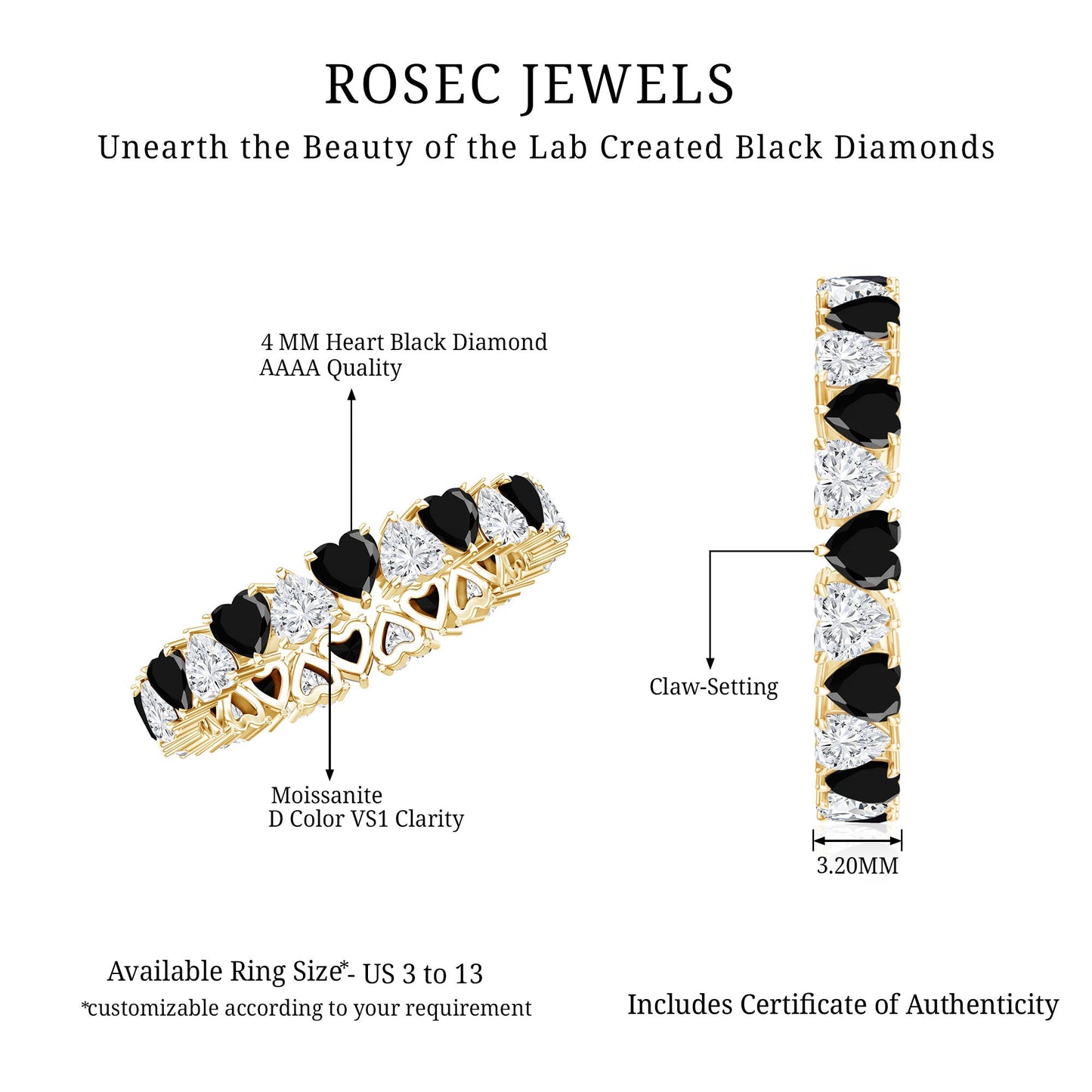 Heart Shape Lab Grown Black Diamond Eternity Band With Moissanite
