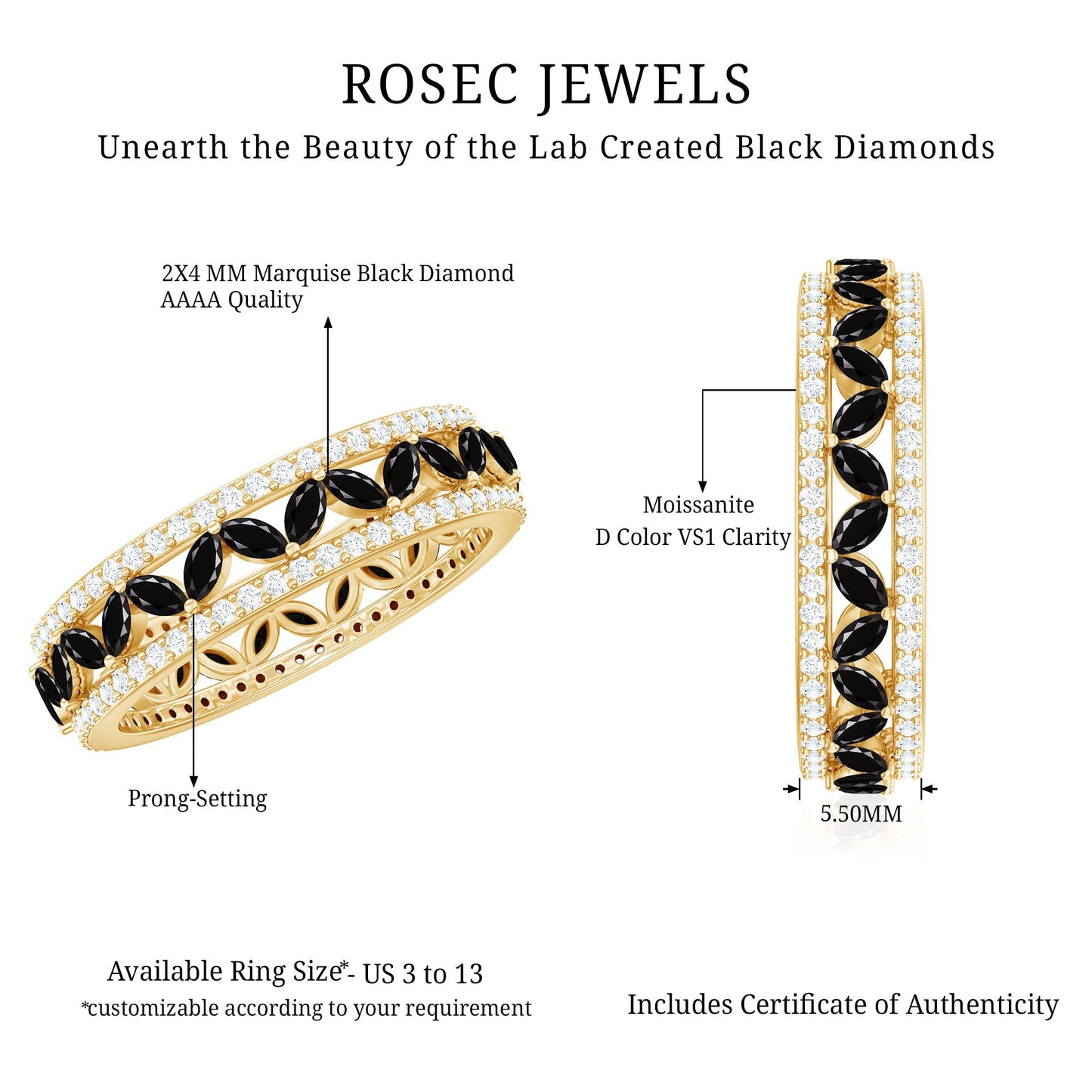 Certified Lab Grown Black Diamond Wedding Band Ring with Moissanite