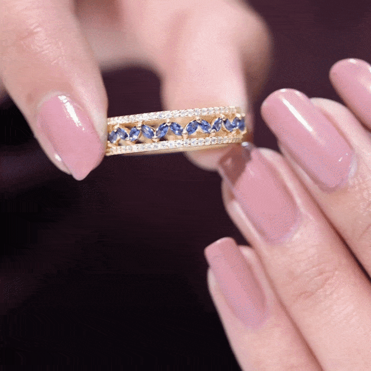 Marquise Lab Created Blue Sapphire and Diamond Wedding Band Ring