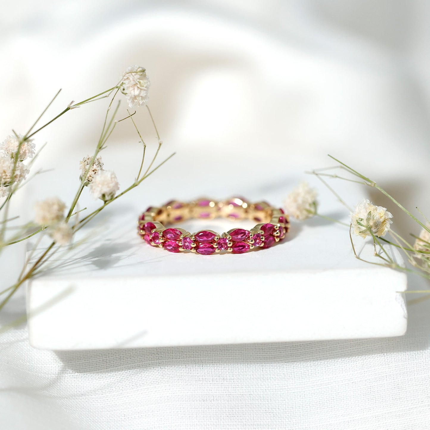 Marquise and Round Cut Created Ruby Contemporary Eternity Ring