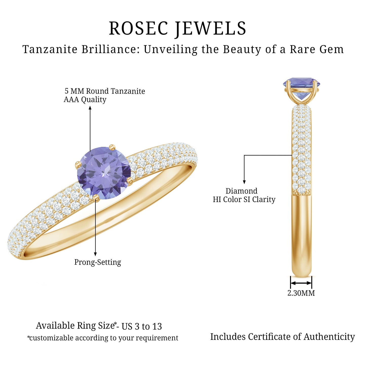 Natural Tanzanite Engagement Ring with Pave Diamond Side Stones