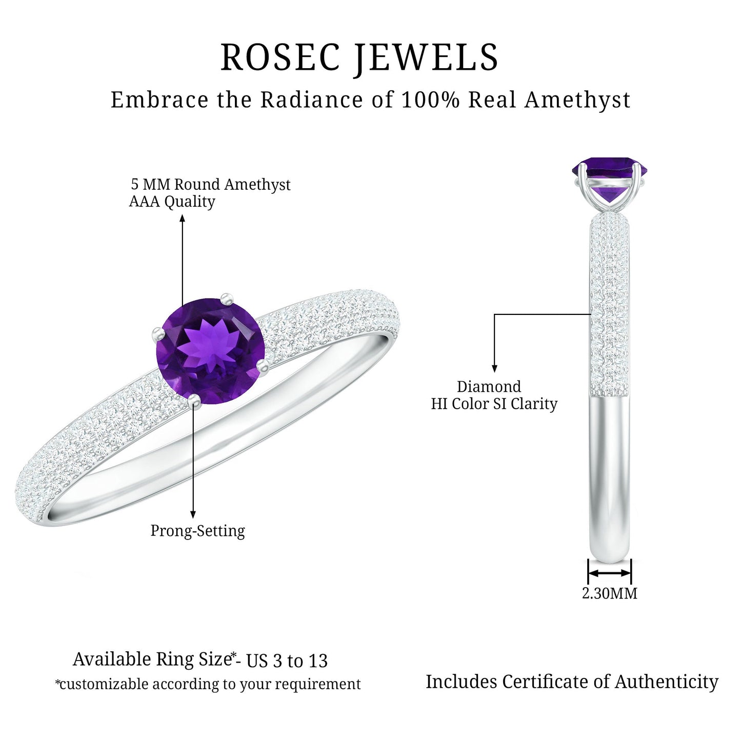 Natural Amethyst Engagement Ring with Diamond for Women