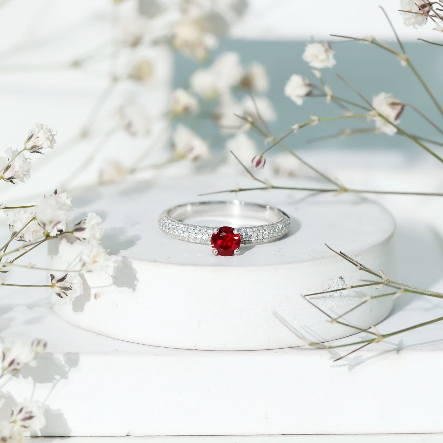 Lab Created Ruby Solitaire Ring with Moissanite Side Stones