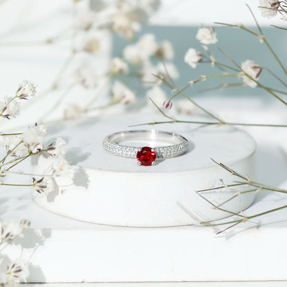 Lab Created Ruby Solitaire Ring with Moissanite Side Stones
