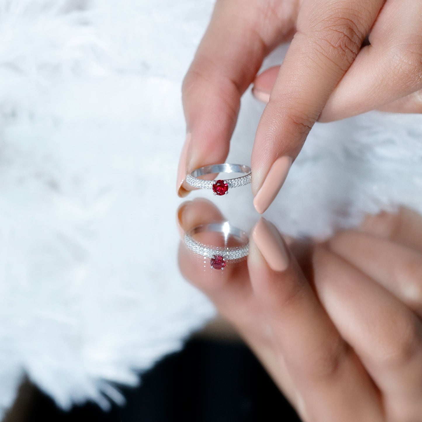 Lab Created Ruby Solitaire Ring with Moissanite Side Stones