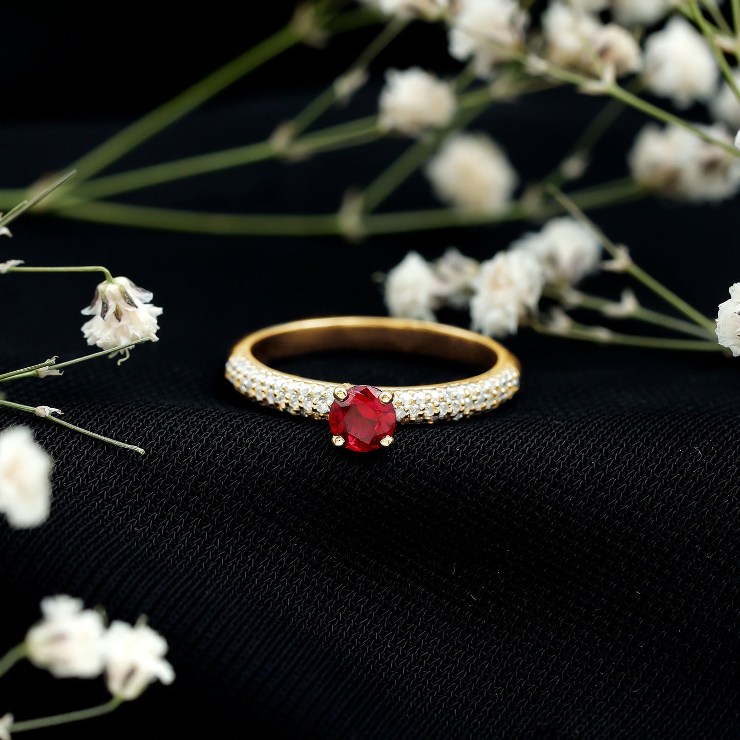 Lab Created Ruby Solitaire Ring with Moissanite Side Stones
