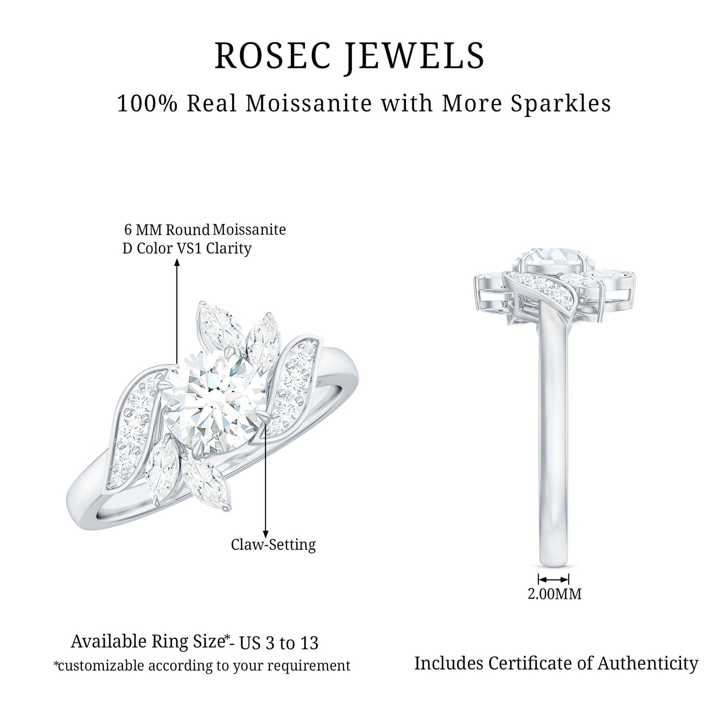 Certified Moissanite Flower Engagement Ring for Women