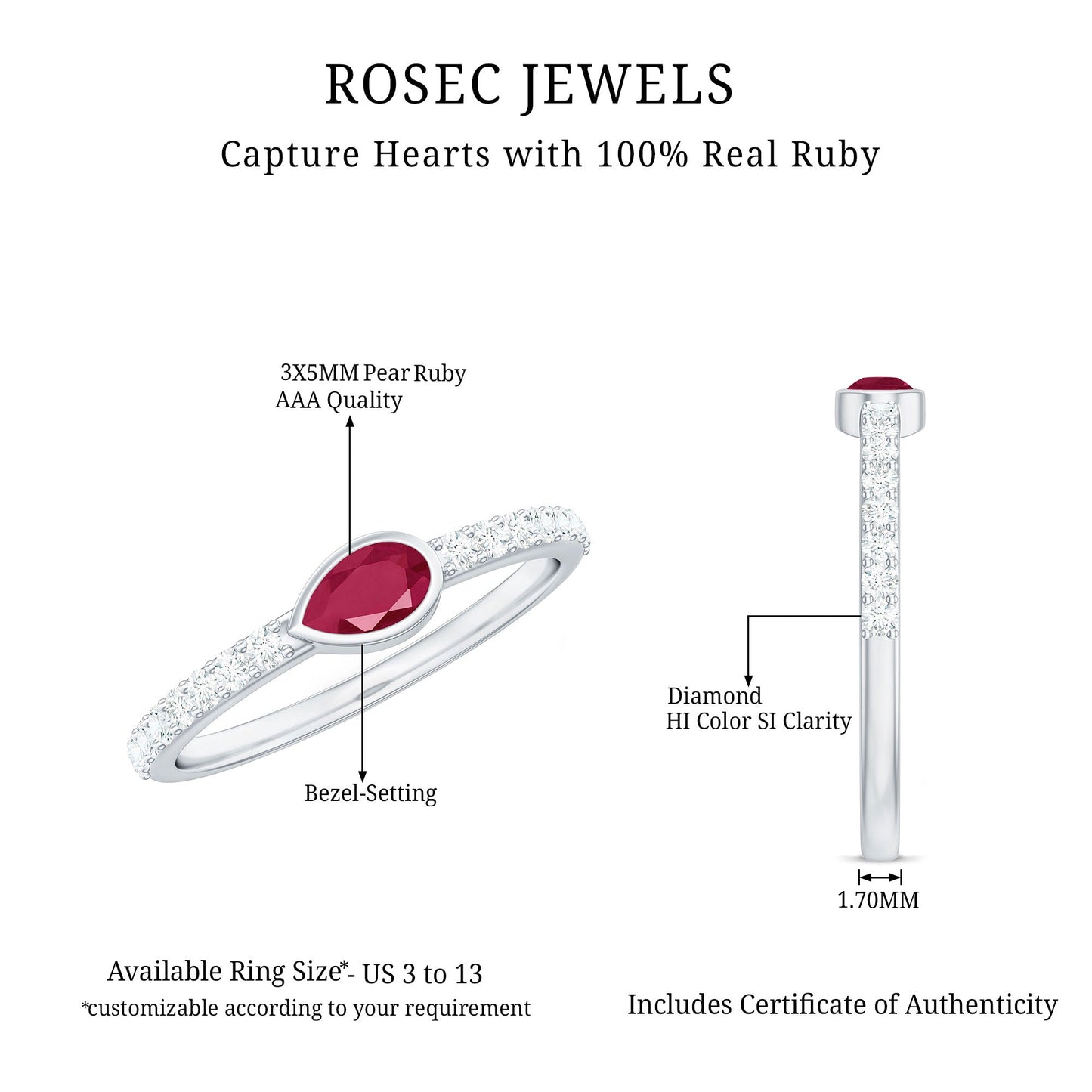 East West Style Pear Shape Ruby Promise Ring with Diamond