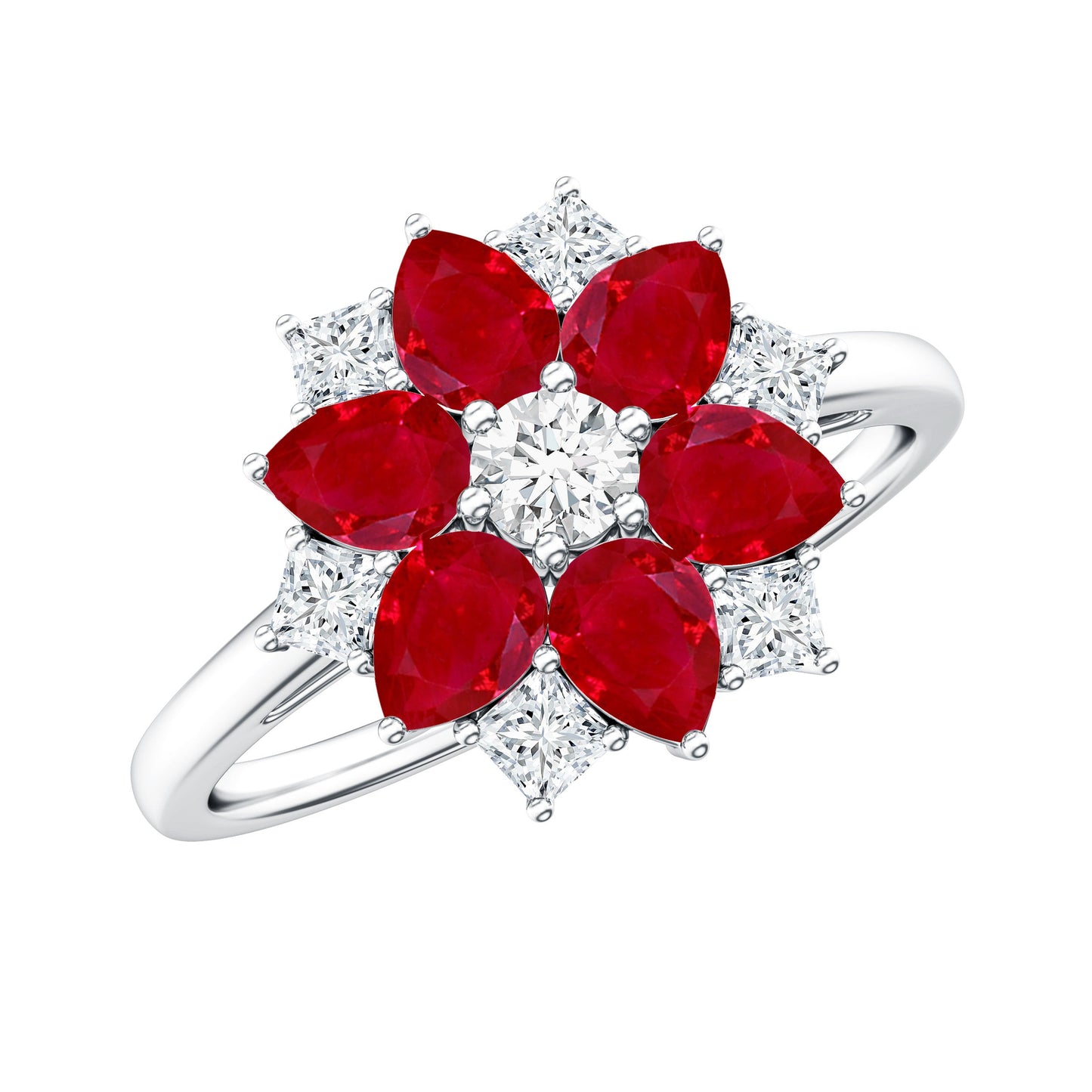 Natural Pear Shape Ruby Diamond Flower Engagement Ring for Women