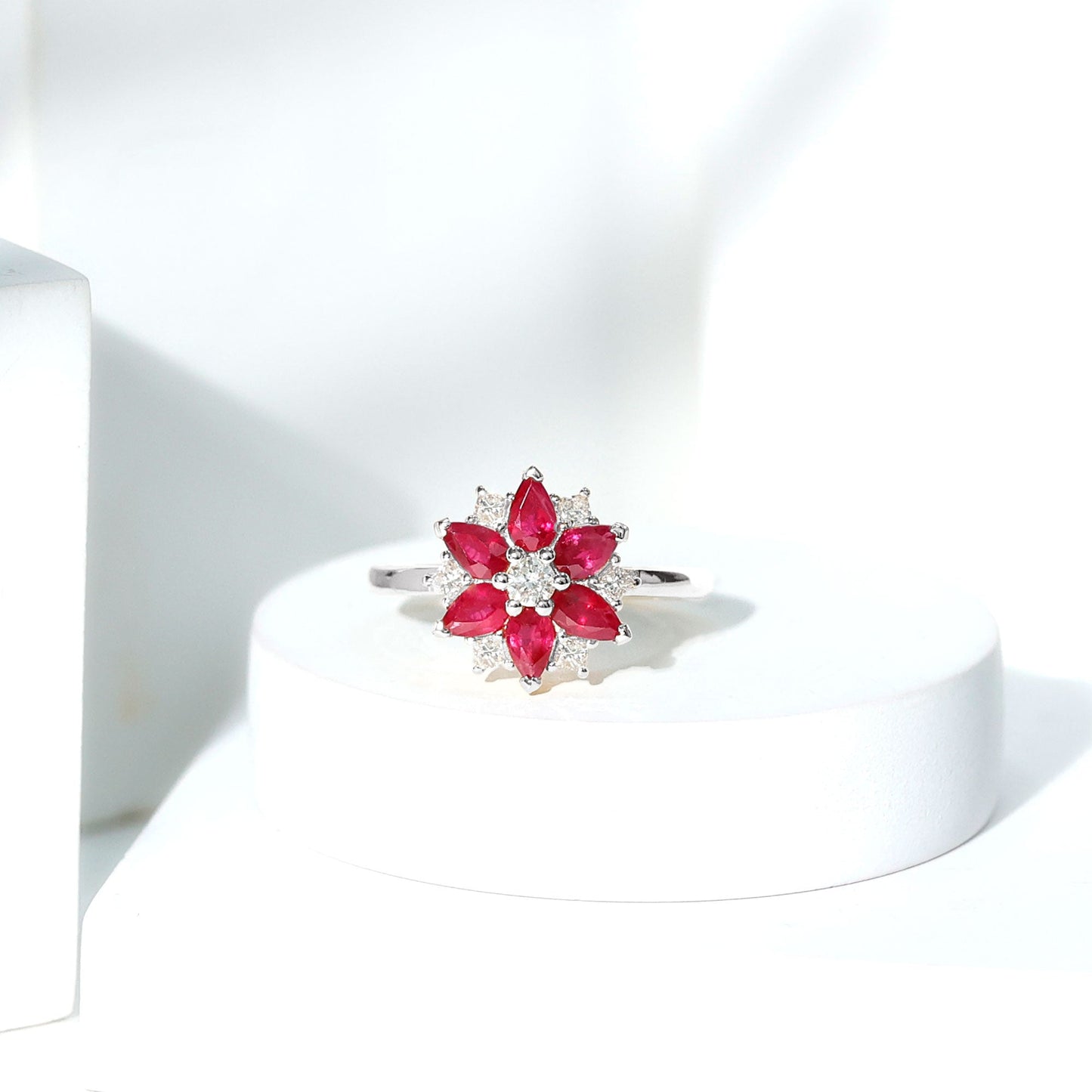 Natural Pear Shape Ruby Diamond Flower Engagement Ring for Women