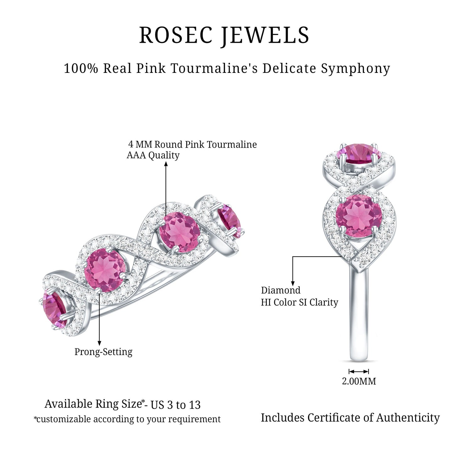 Pink Tourmaline Infinity Half Eternity Band Ring with Diamond