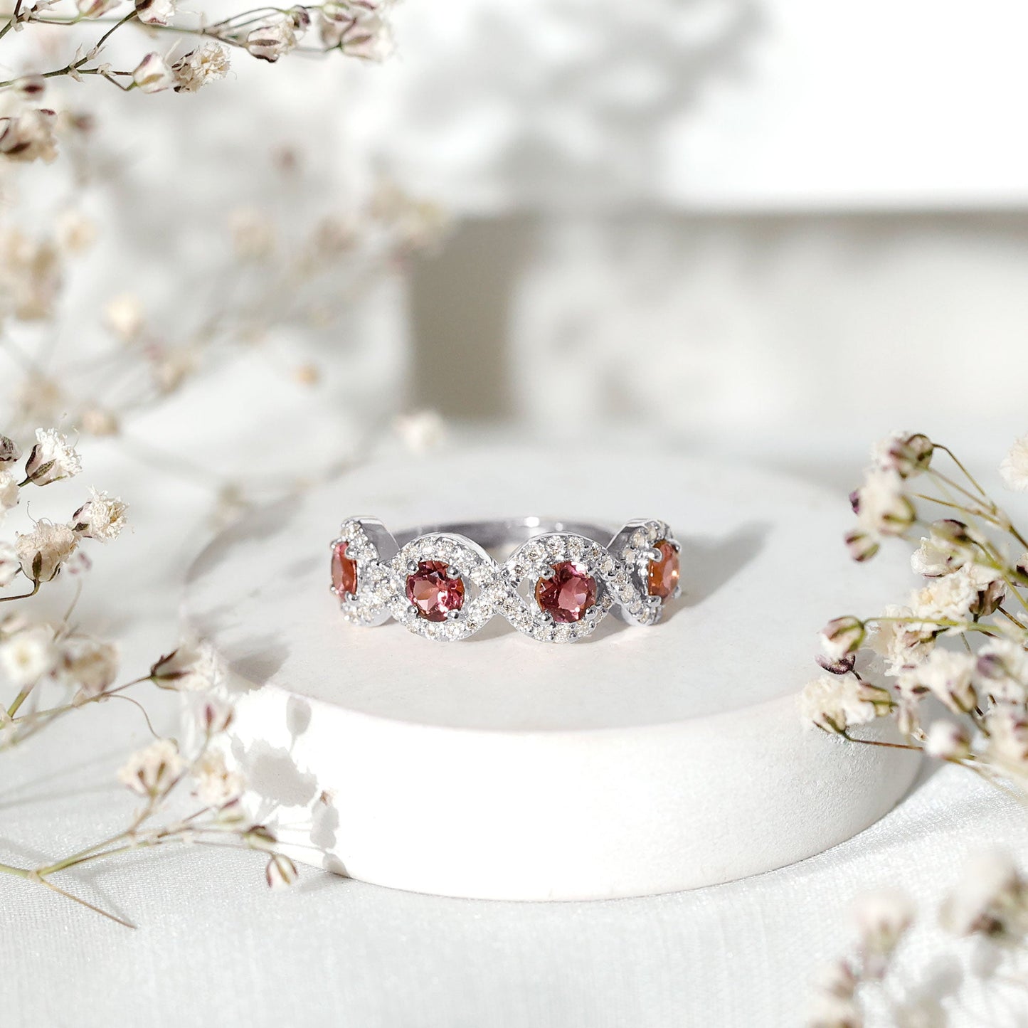 Pink Tourmaline Infinity Half Eternity Band Ring with Diamond