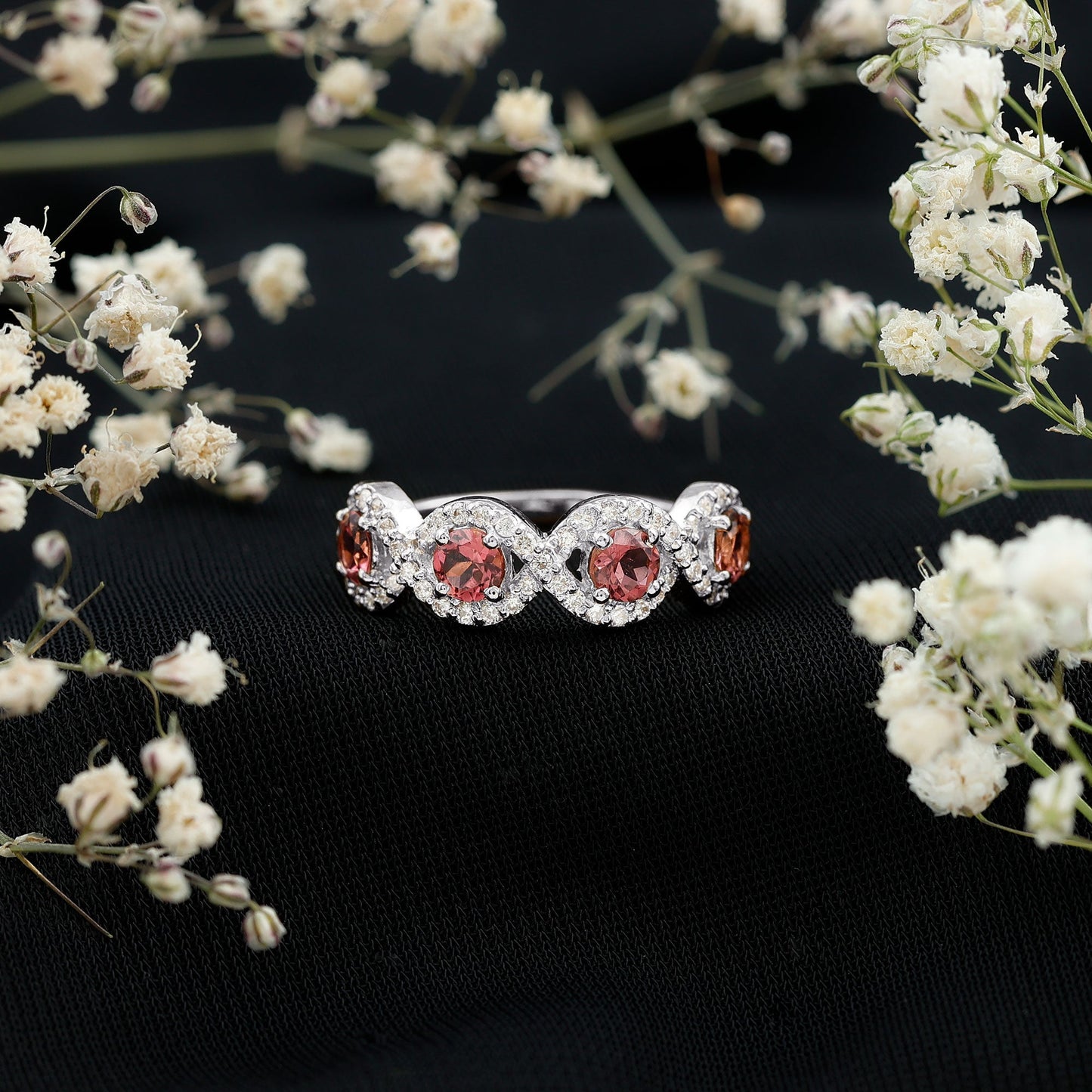 Pink Tourmaline Infinity Half Eternity Band Ring with Diamond