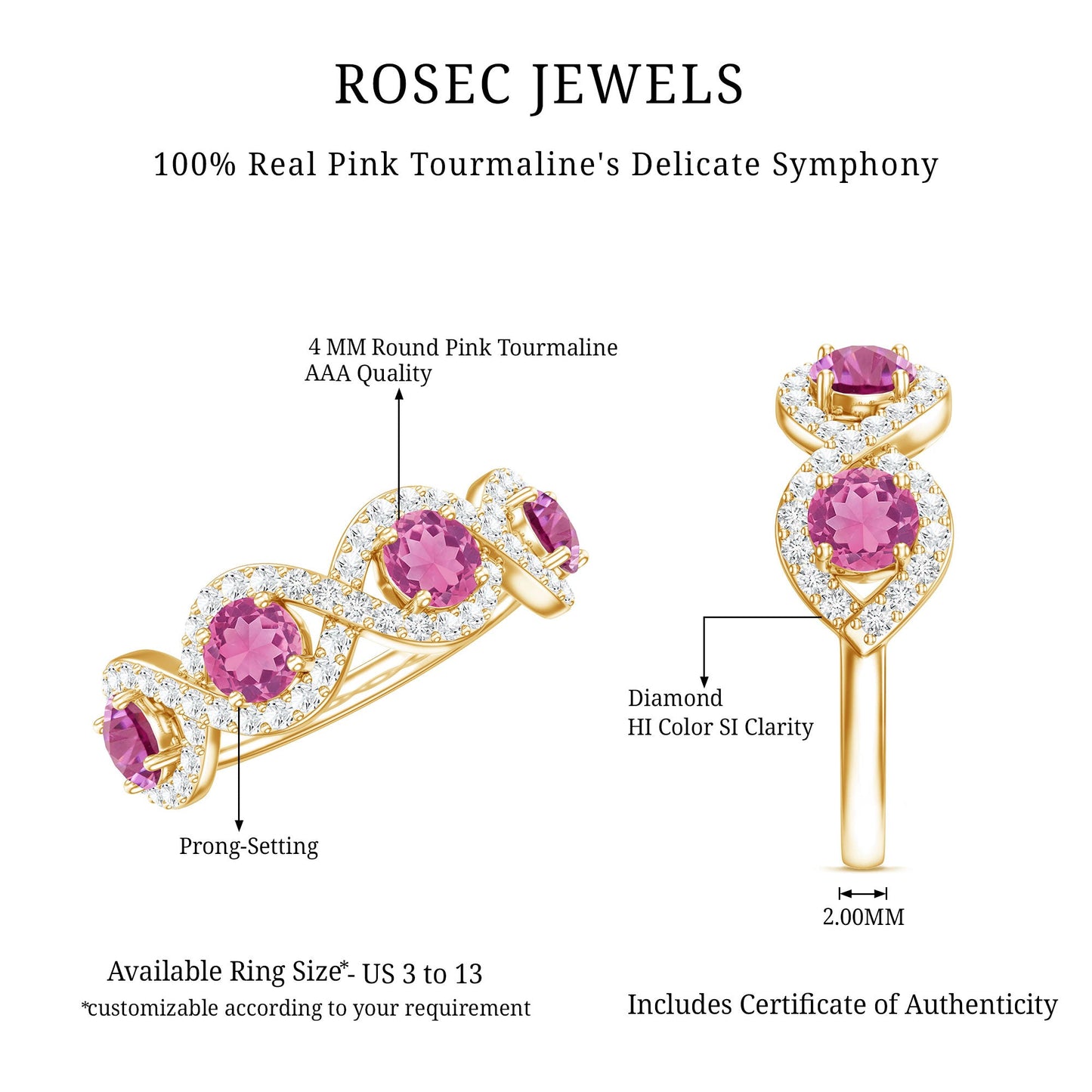 Pink Tourmaline Infinity Half Eternity Band Ring with Diamond