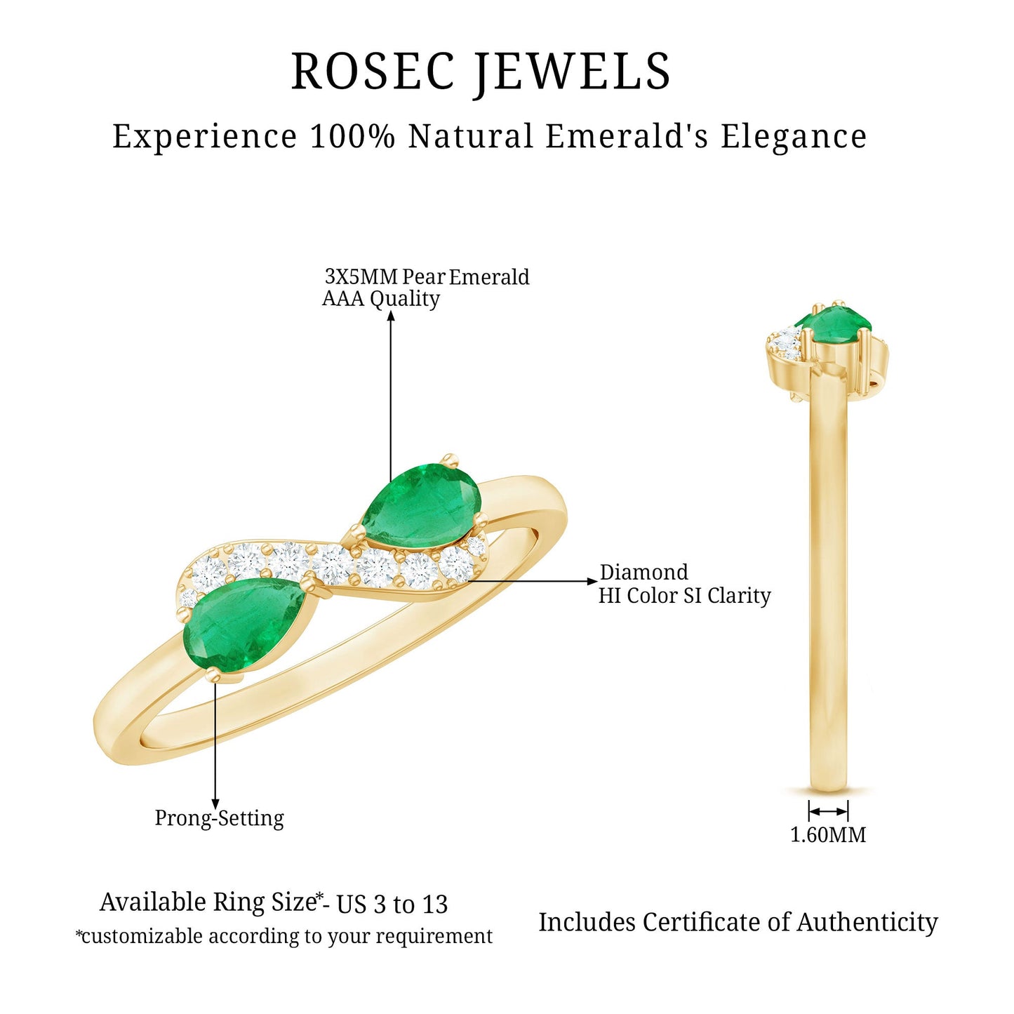 Natural Pear Emerald and Diamond Infinity Promise Ring