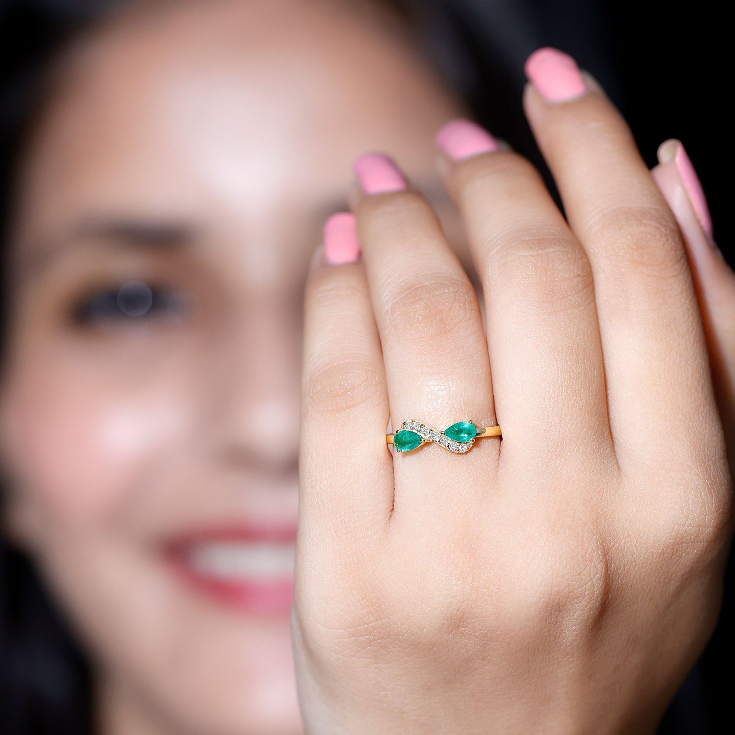 Natural Pear Emerald and Diamond Infinity Promise Ring