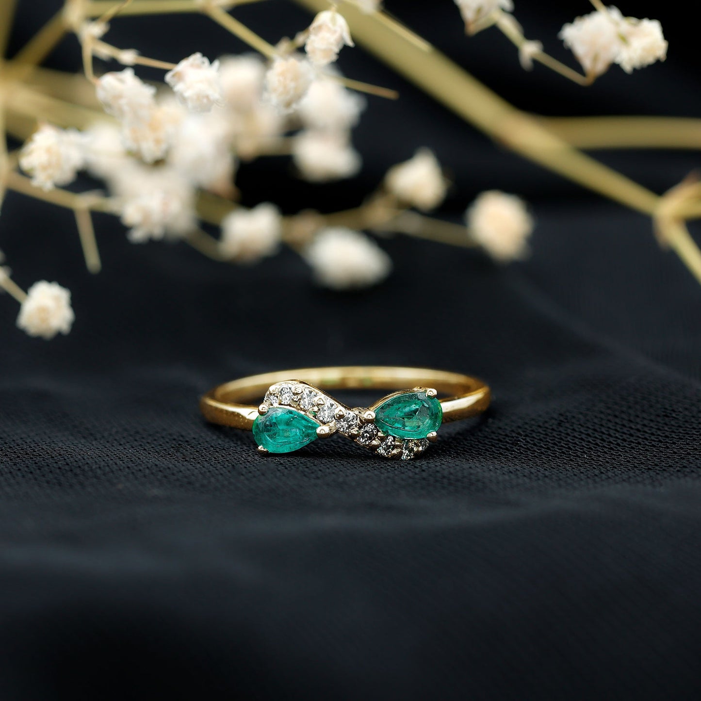 Natural Pear Emerald and Diamond Infinity Promise Ring