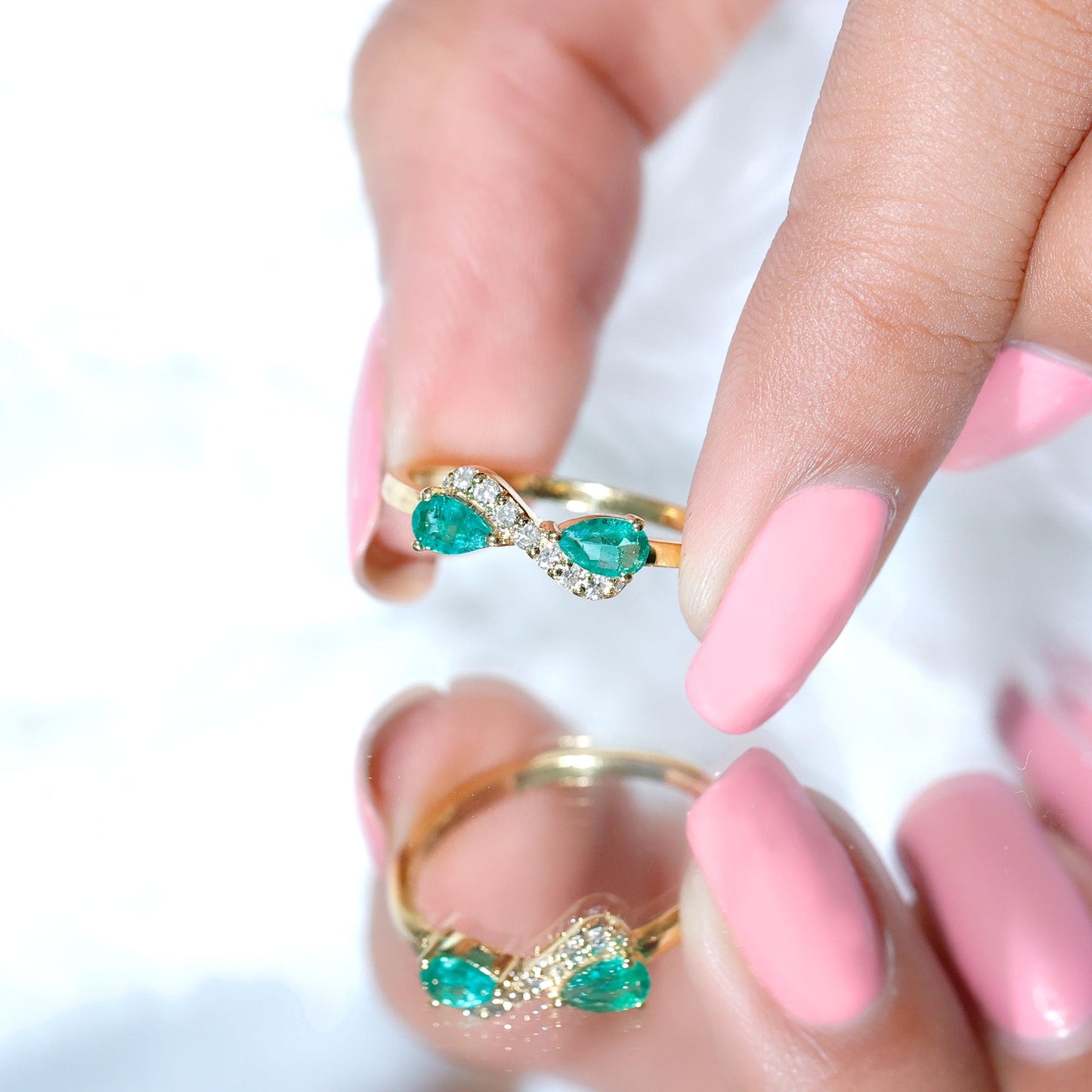 Natural Pear Emerald and Diamond Infinity Promise Ring