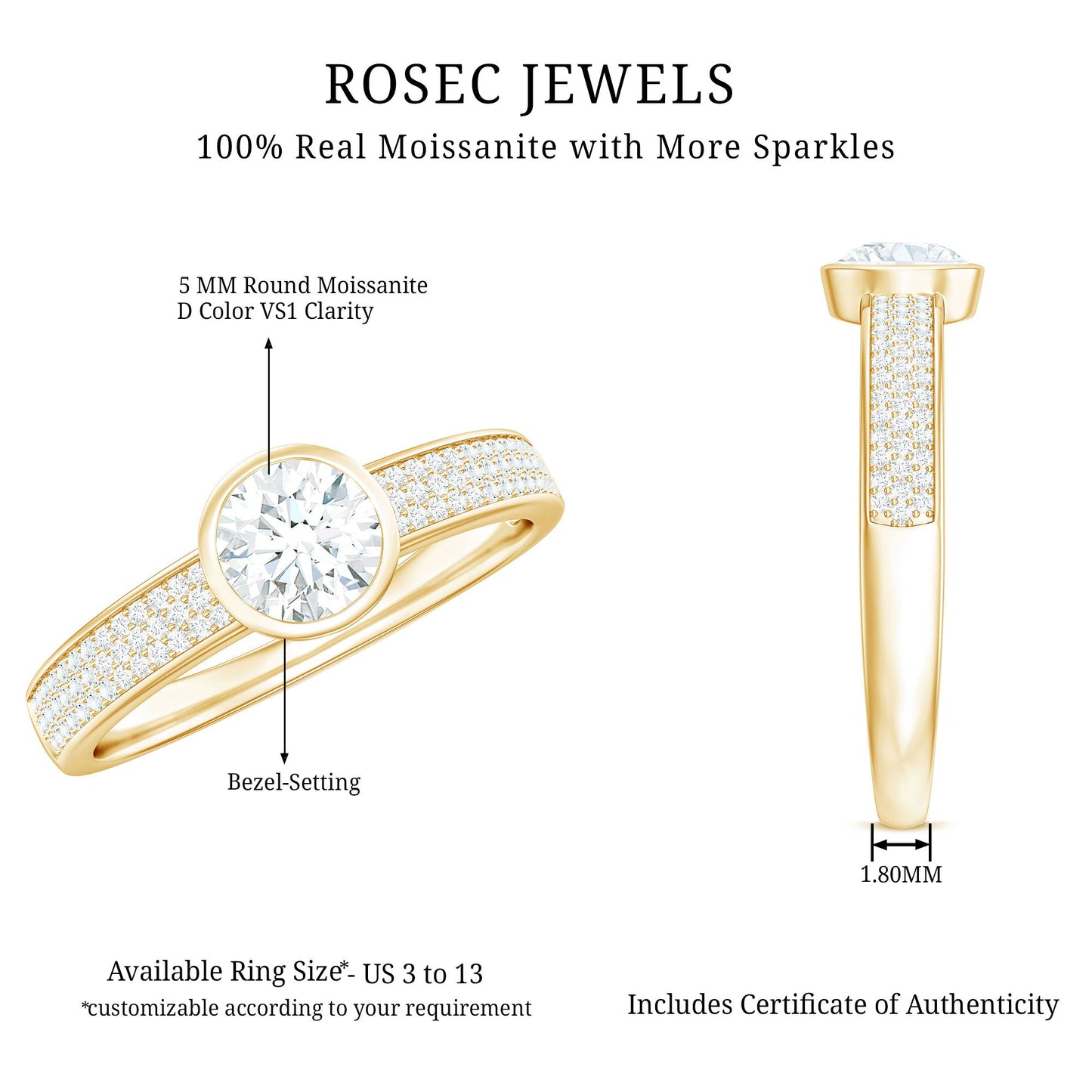 Bezel Set Moissanite Engagement Ring with Side Stones
